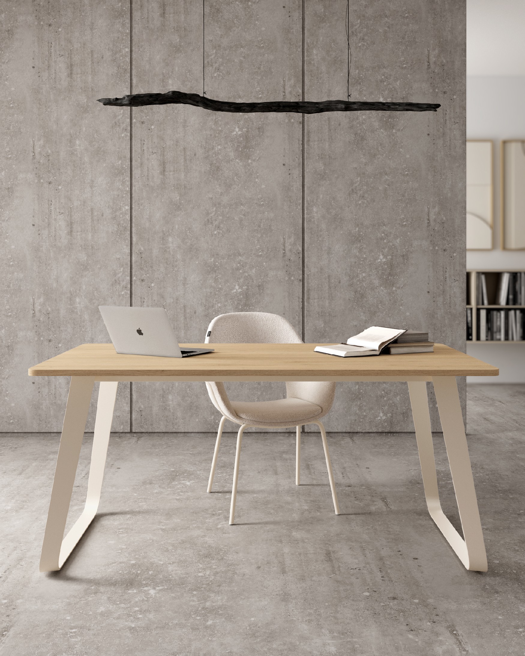 Mesa Como con sobre de melamina roble natural y pata metálica marfil 160 x 90 cm