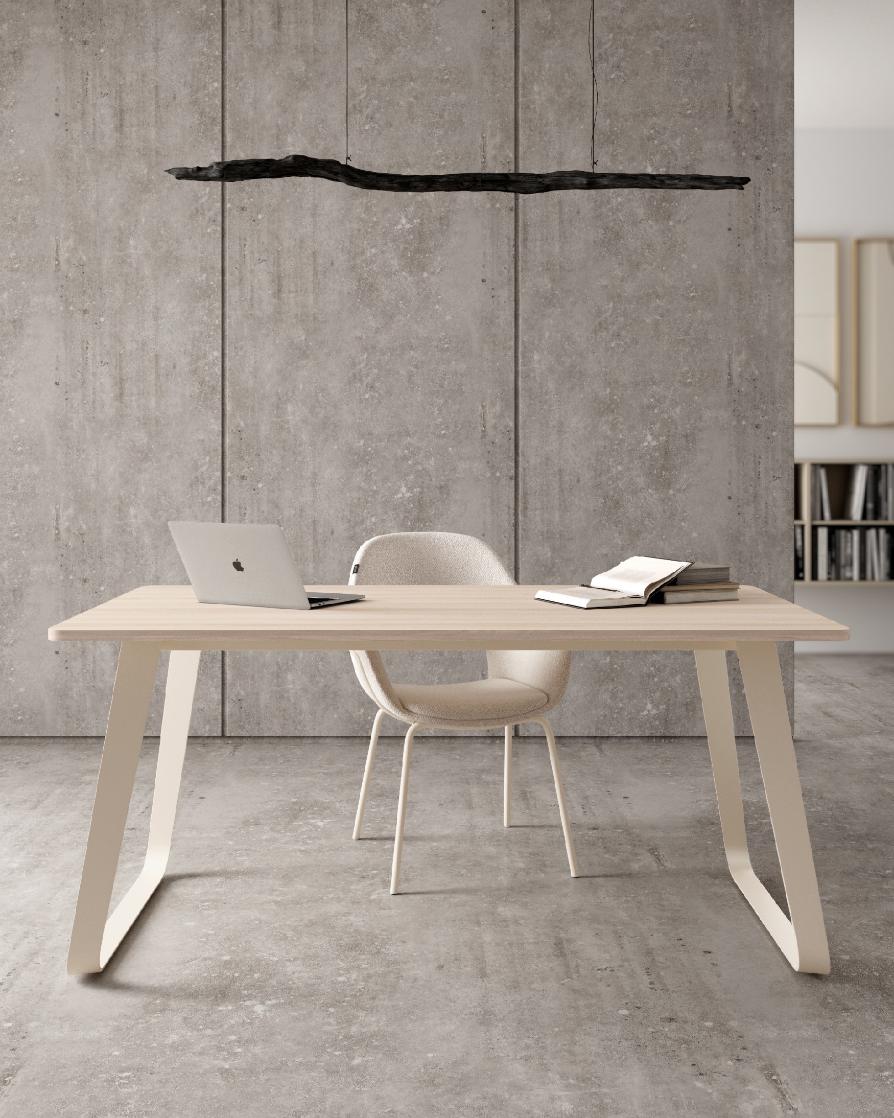 Table Como with an elm melamine top and ivory metal legs 180 x 90 cm