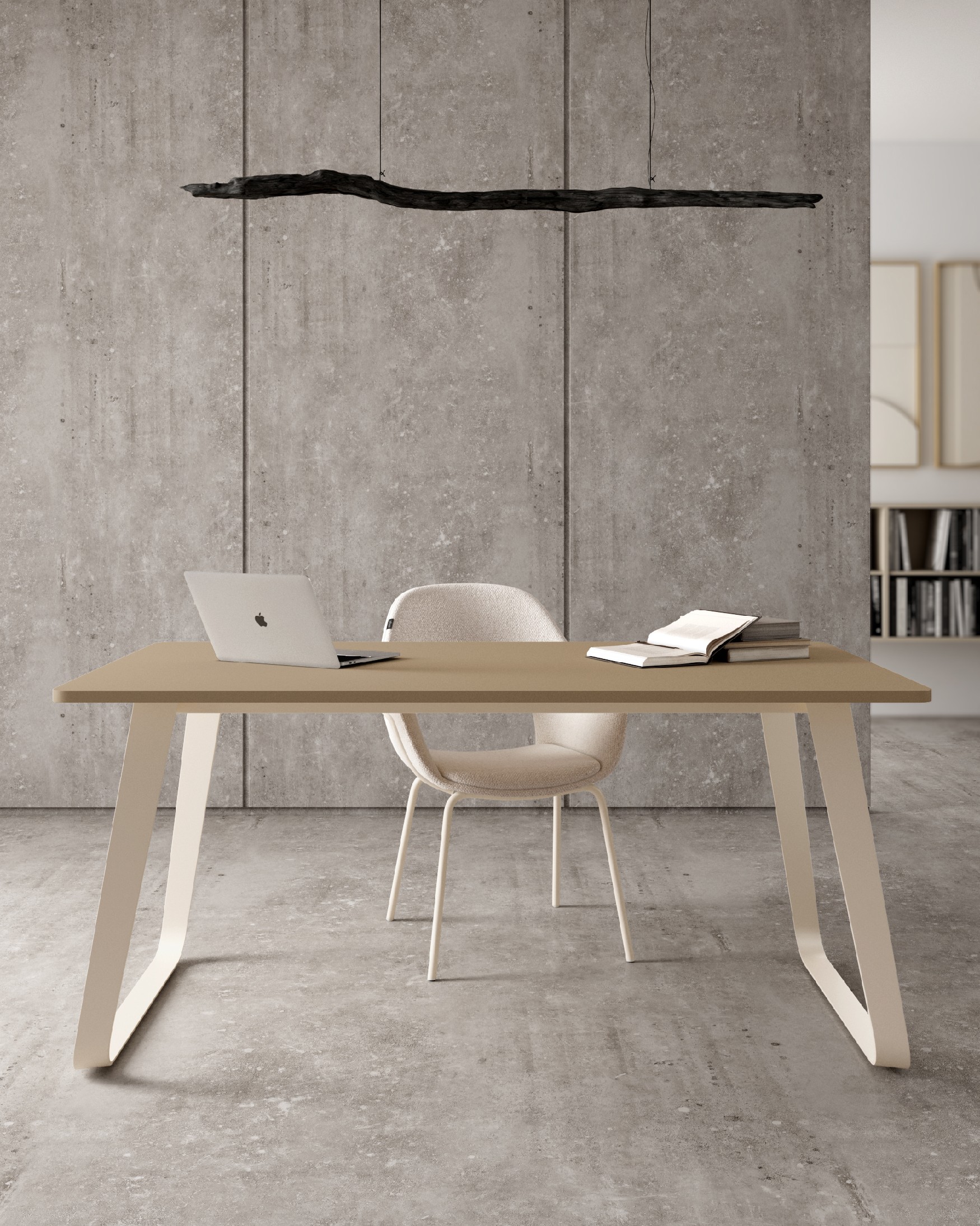 Table à manger avec plateau en mélamine perle et pied métallique ivoire 140 x 90 cm