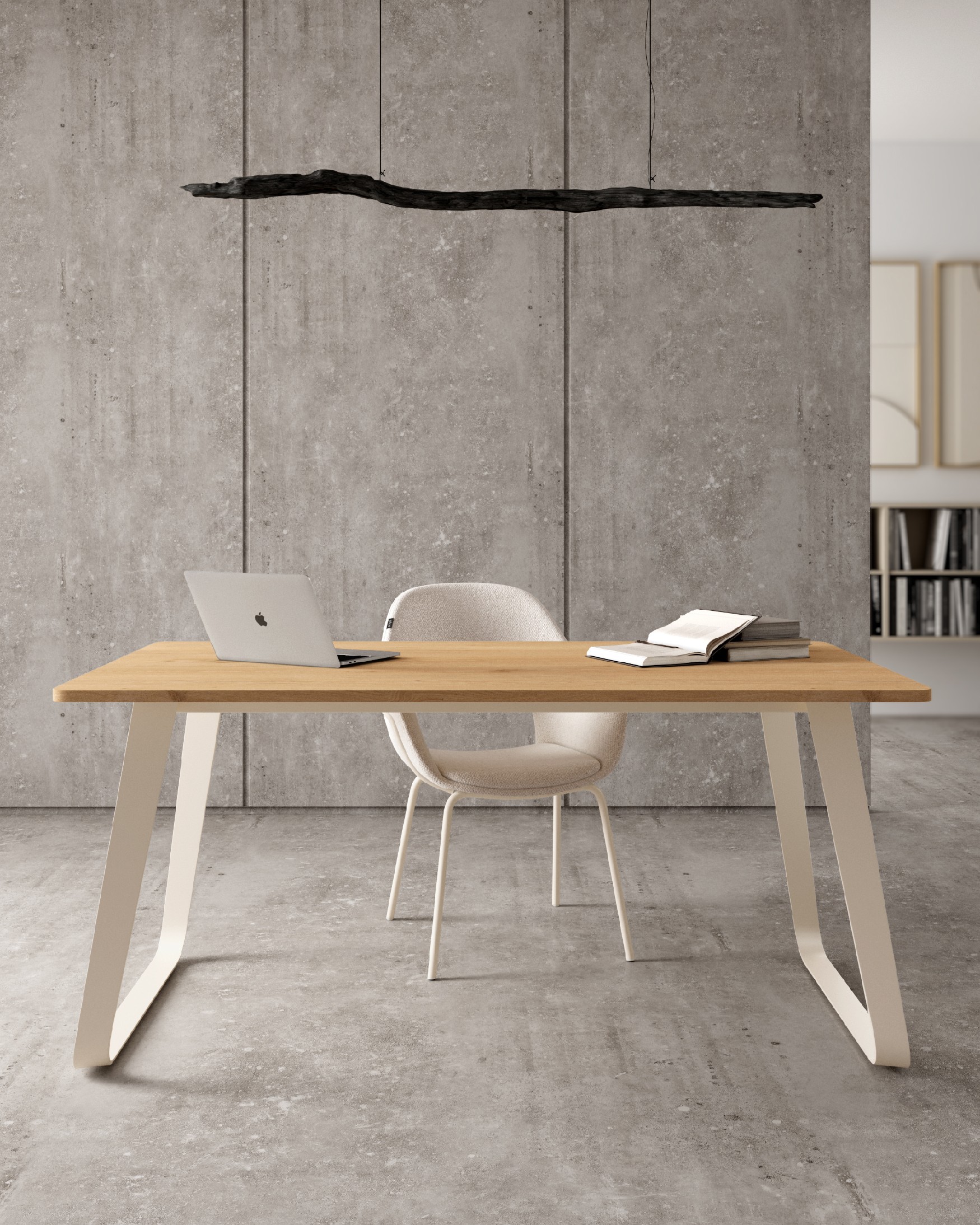 Table à manger avec plateau en mélamine chêne et pied en métal ivoire 160 x 90 cm