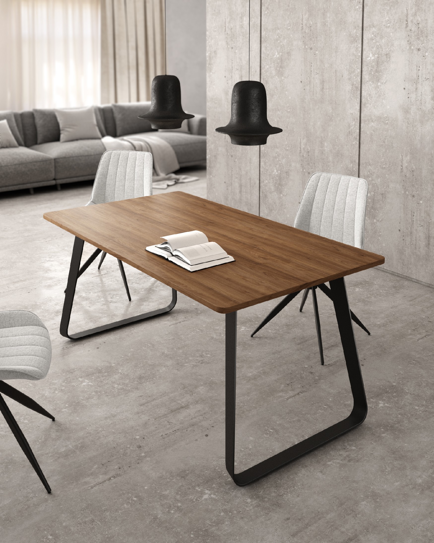 Table à manger avec plateau en mélamine java et pied en métal noir 140 x 90 cm