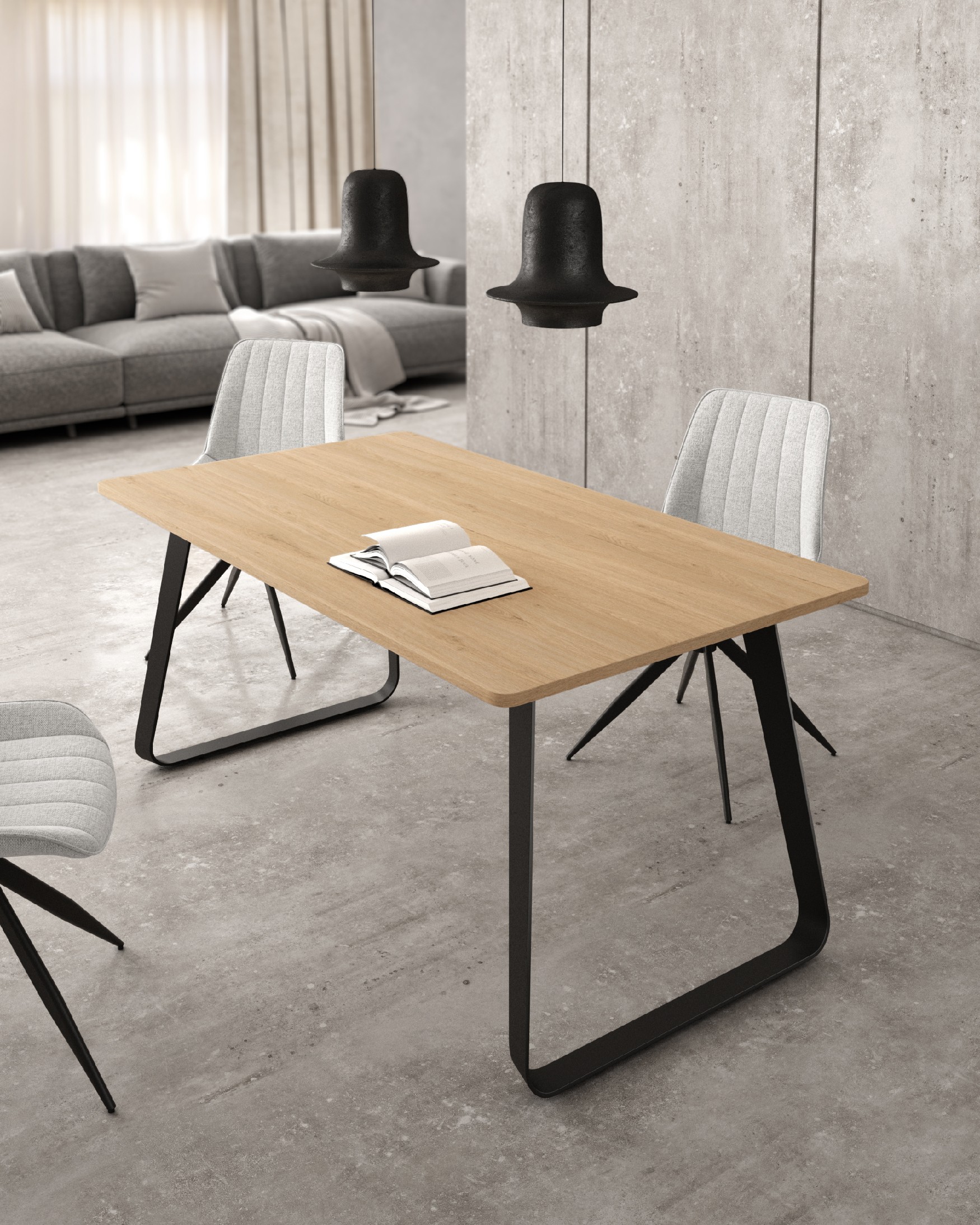 Table à manger avec plateau en mélamine chêne naturel et pied métallique noir 180 x 90 cm