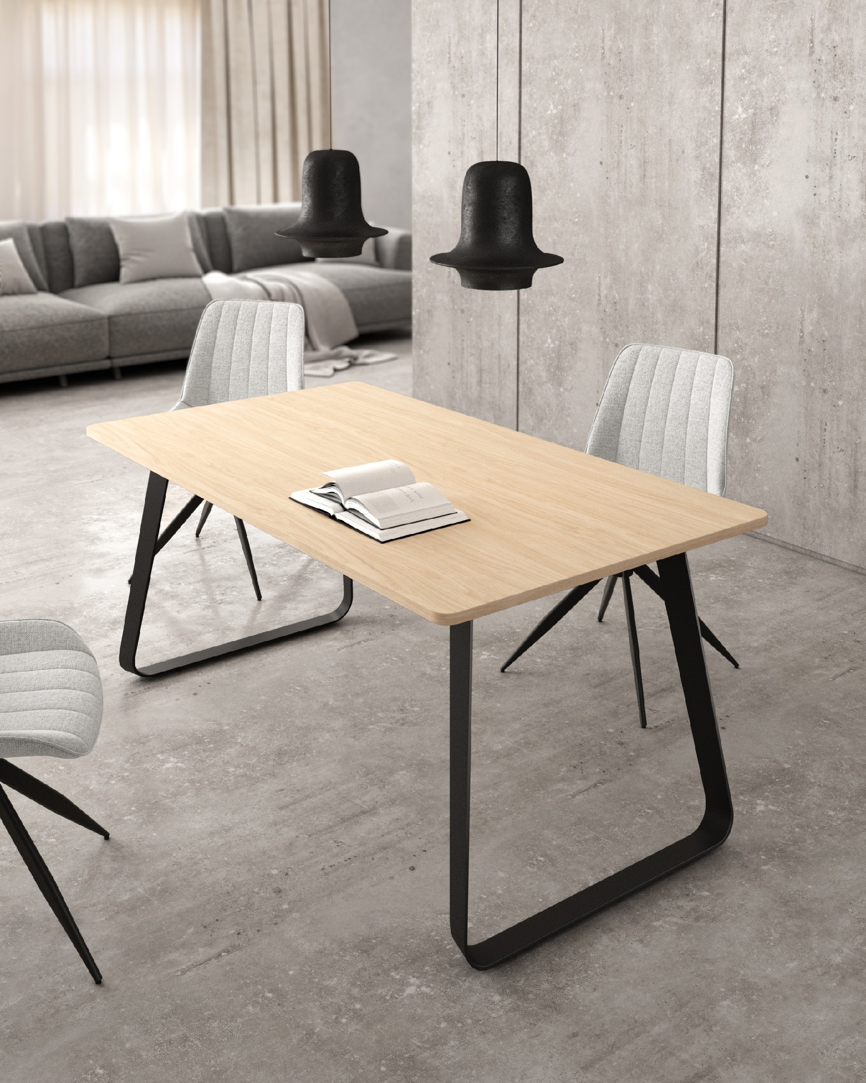 Table Como with melamine top in alpine and black metal leg 140 x 90 cm