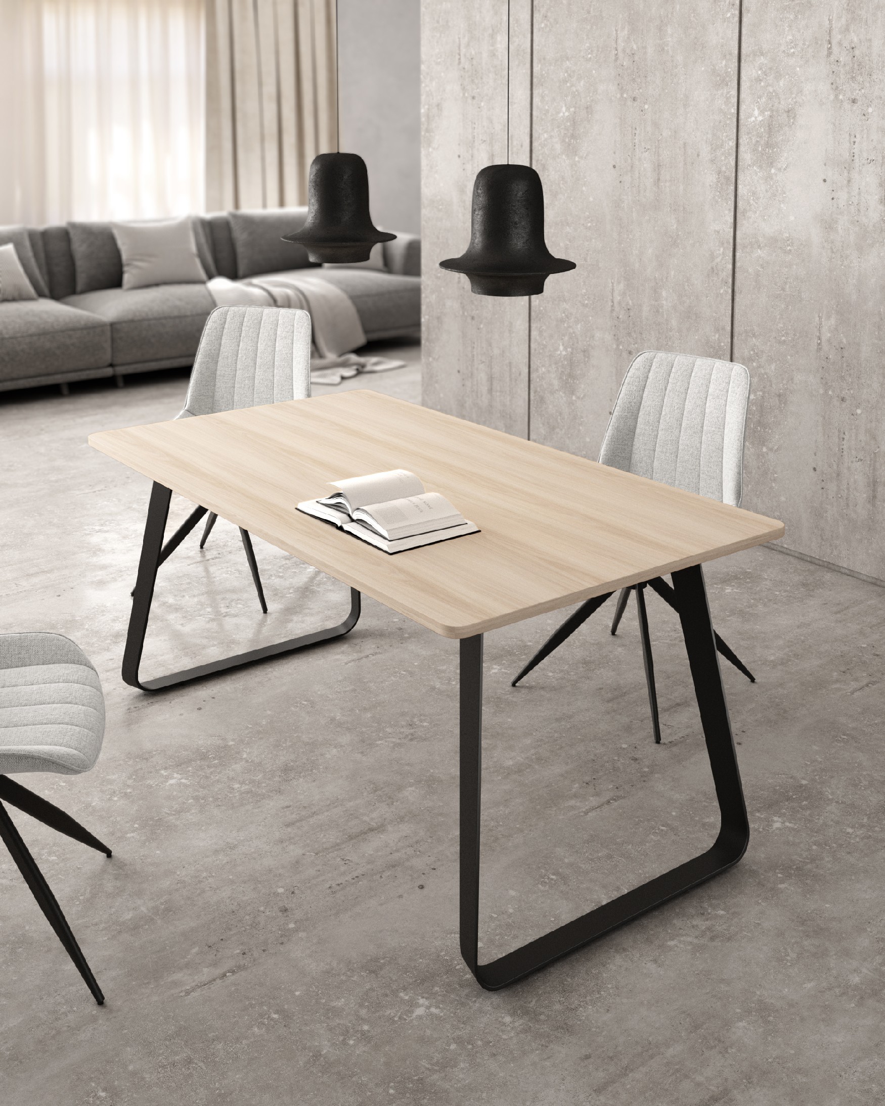 Table à manger avec plateau en mélamine chêne et pied métallique noir 140 x 90 cm
