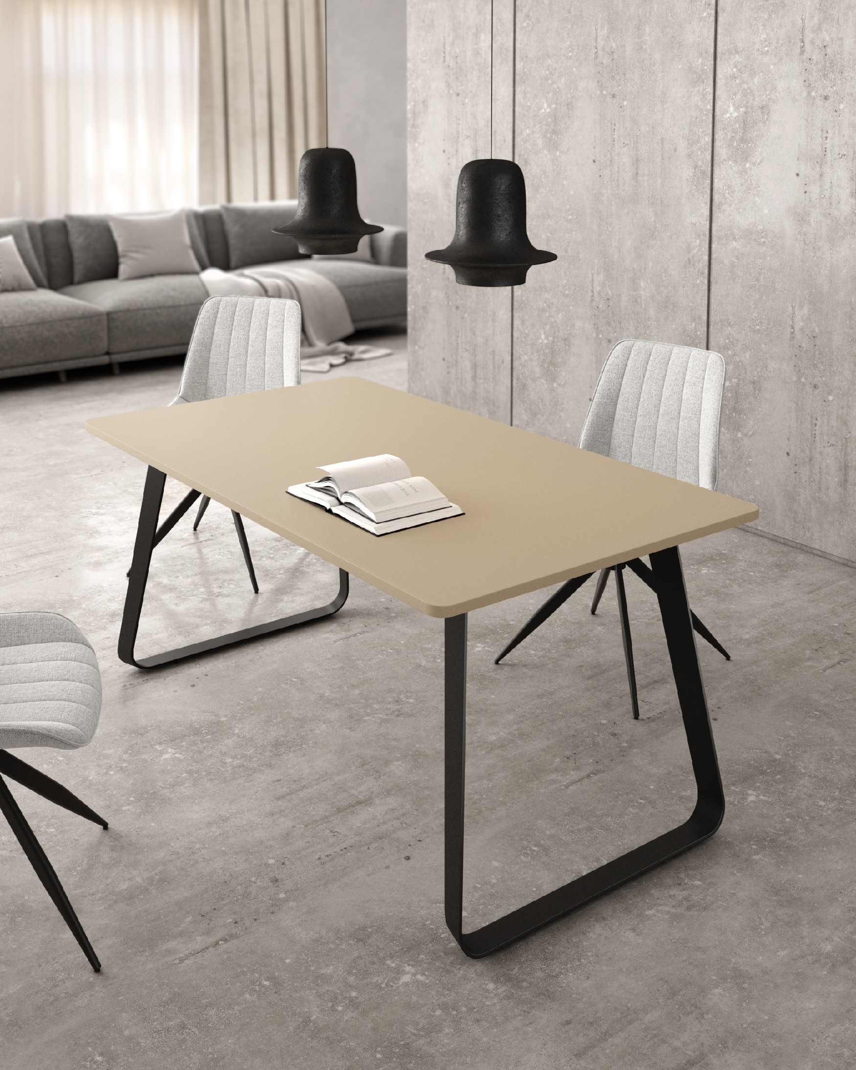 Table Como with pearl melamine top and black metal leg 160 x 90 cm
