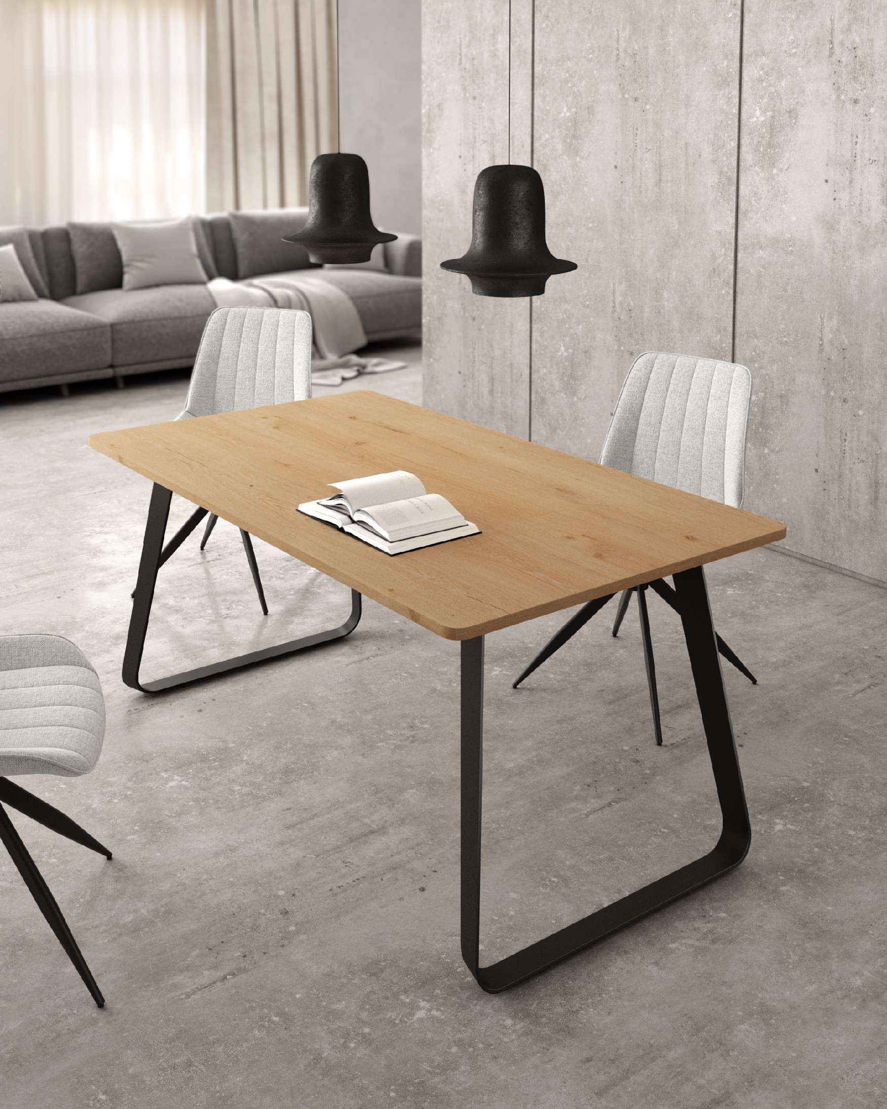 Table like with oak melamine top and black metal leg 140 x 90 cm