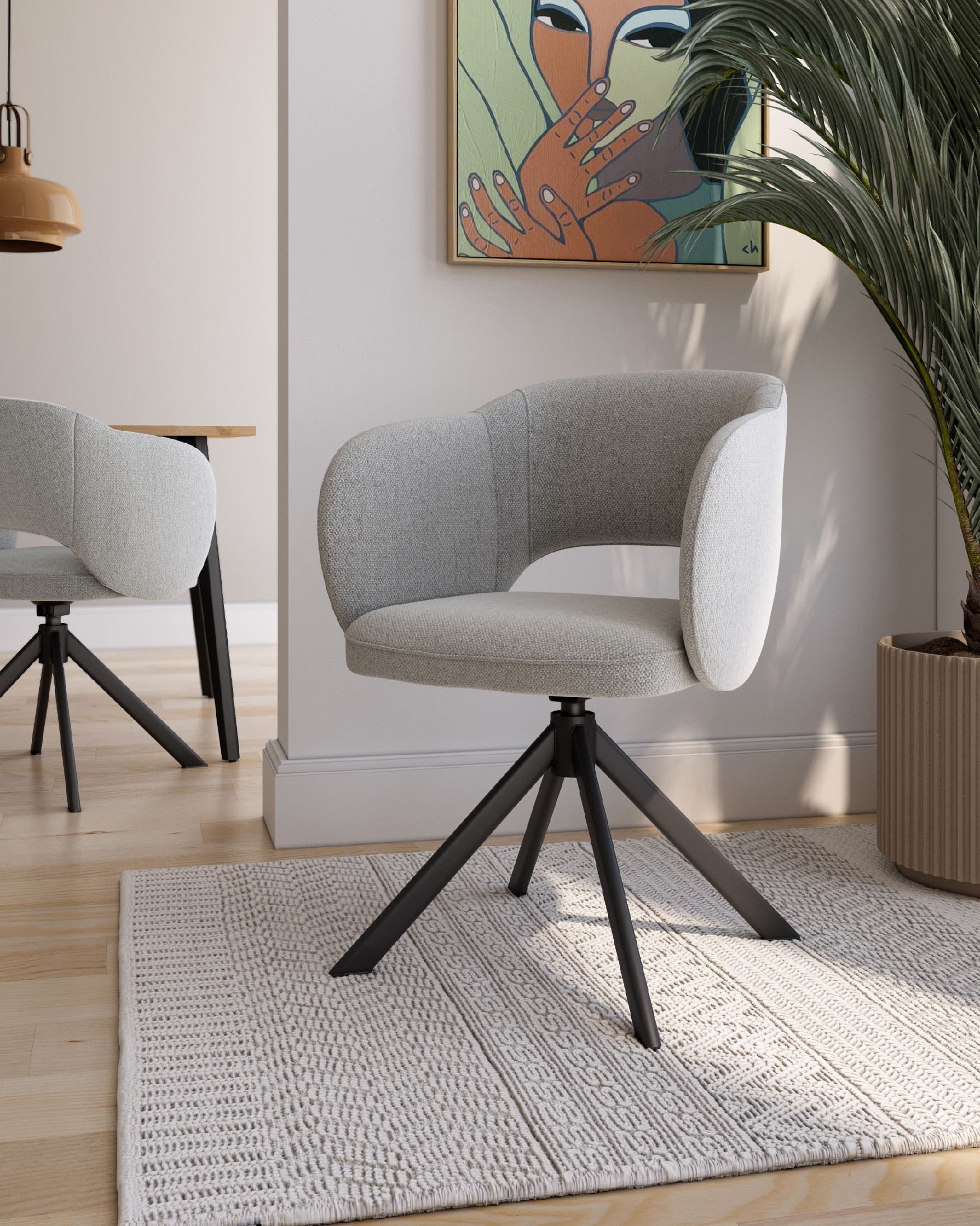 Cork chair with gray upholstery and black metal legs