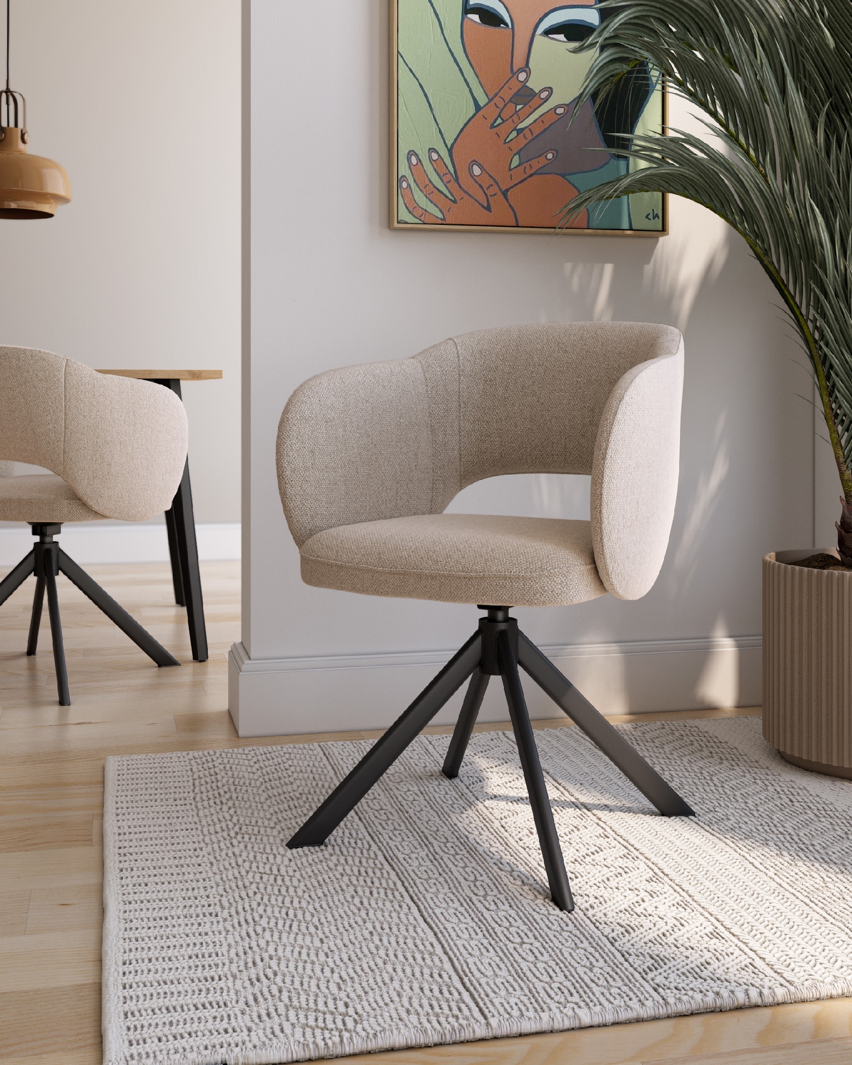 Cork chair with brown upholstery and black metal legs