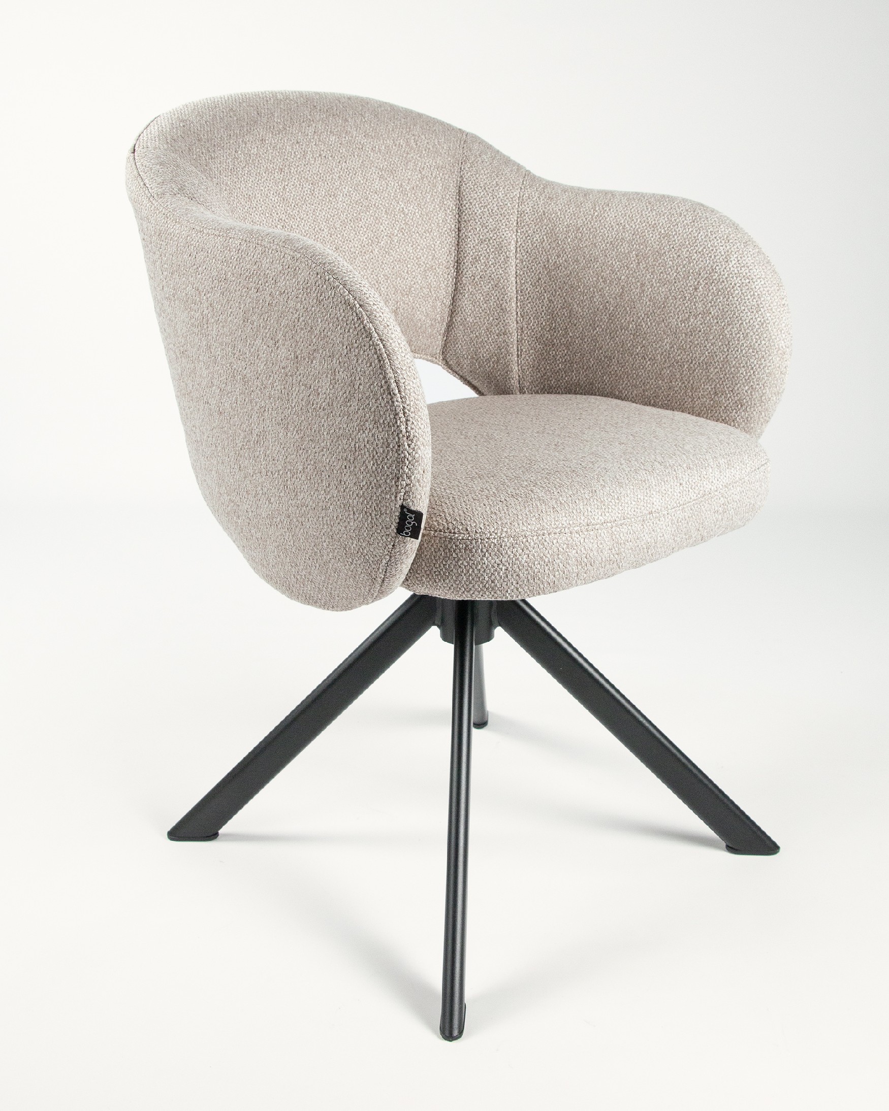 Cork chair with brown upholstery and black metal legs