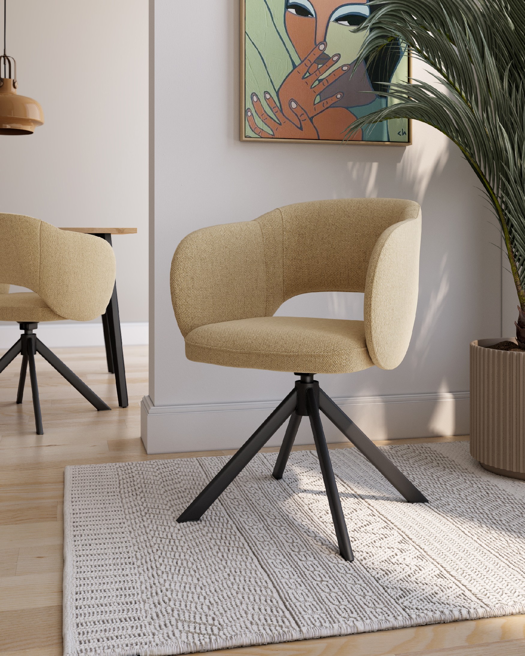 Silla Cork con tapizado mostaza y patas metálicas negras