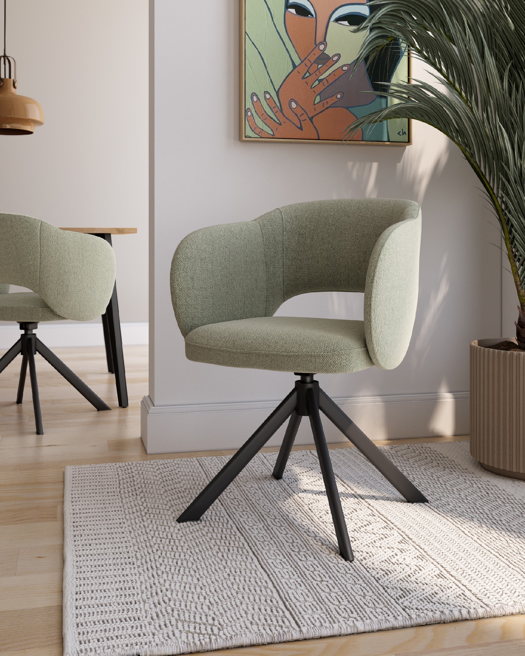 Chaise Cork avec rembourrage vert et pieds métalliques noirs