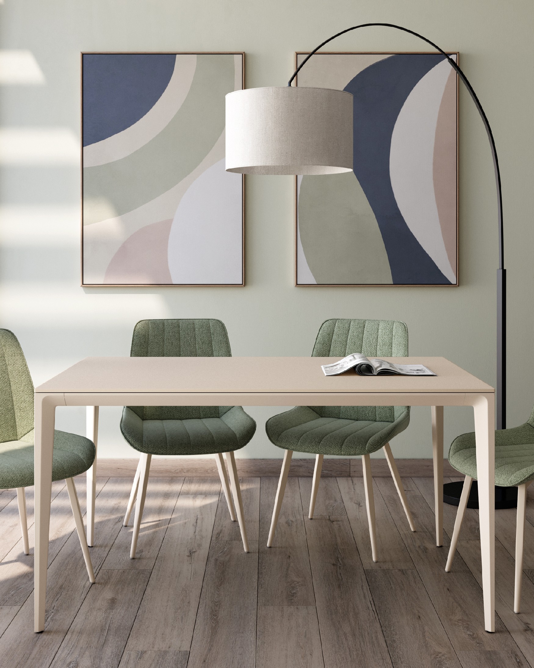 Cortes table with porcelain sand finish and ivory metal leg 180 x 90 cm