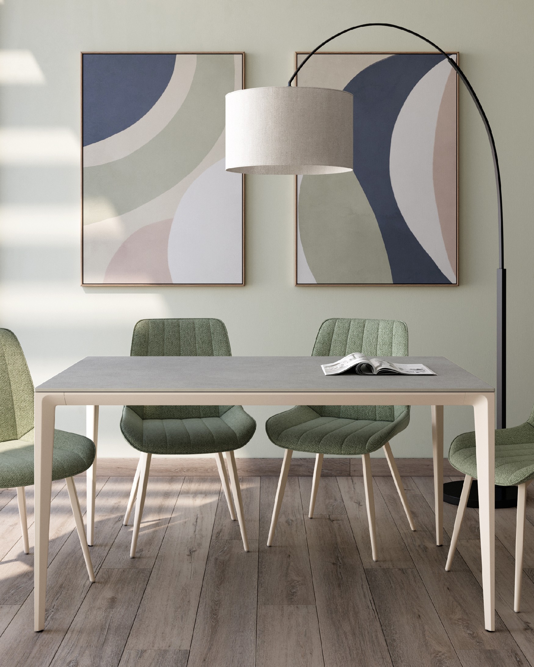Cortes table with porcelain finish in Portland and ivory metal leg 140 x 90 cm