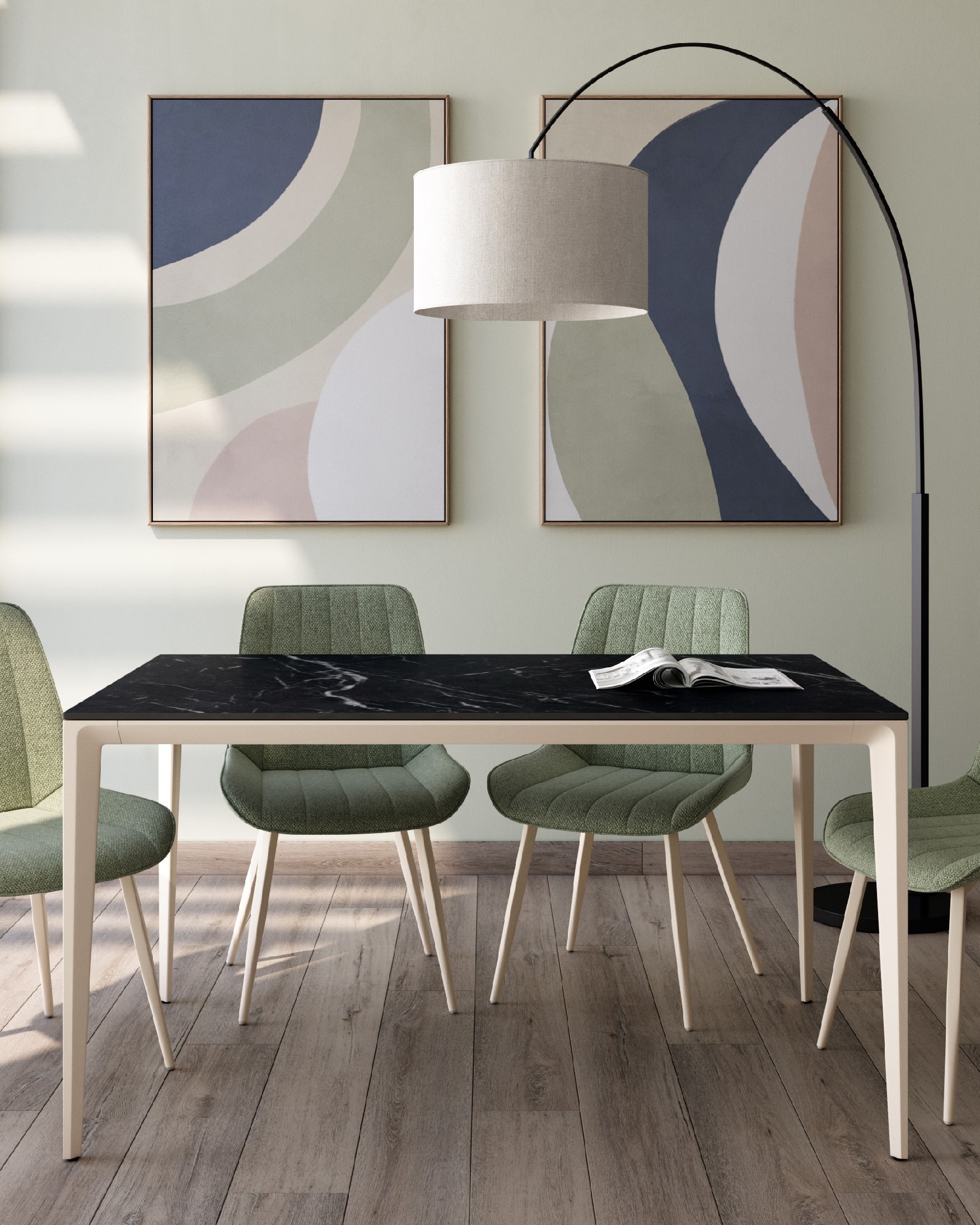Cortes table with marquina porcelain finish and ivory metal legs 180 x 90 cm