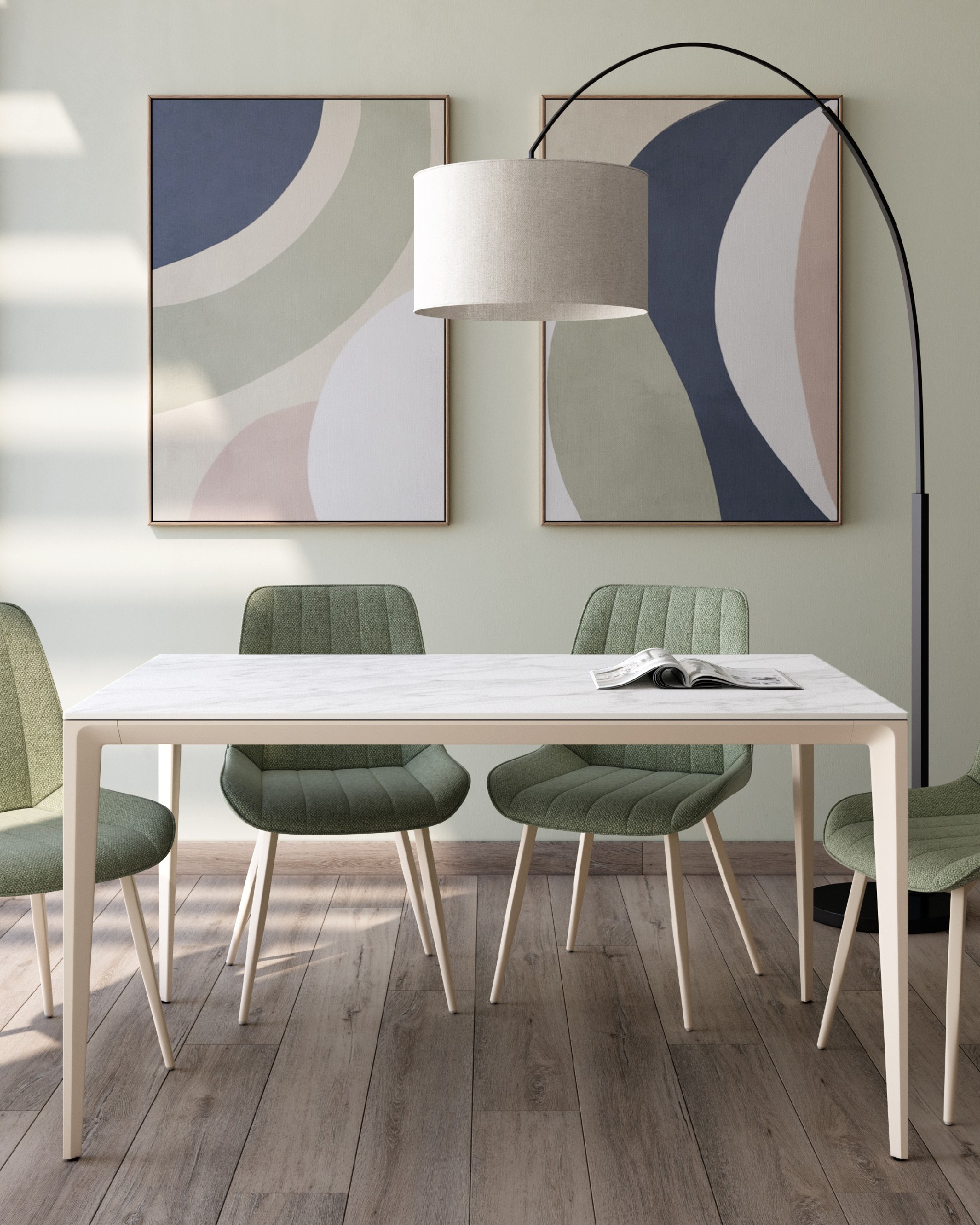 Mesa Cortes con acabado porcelánico carrara y pata metálica marfil 140 x 90 cm