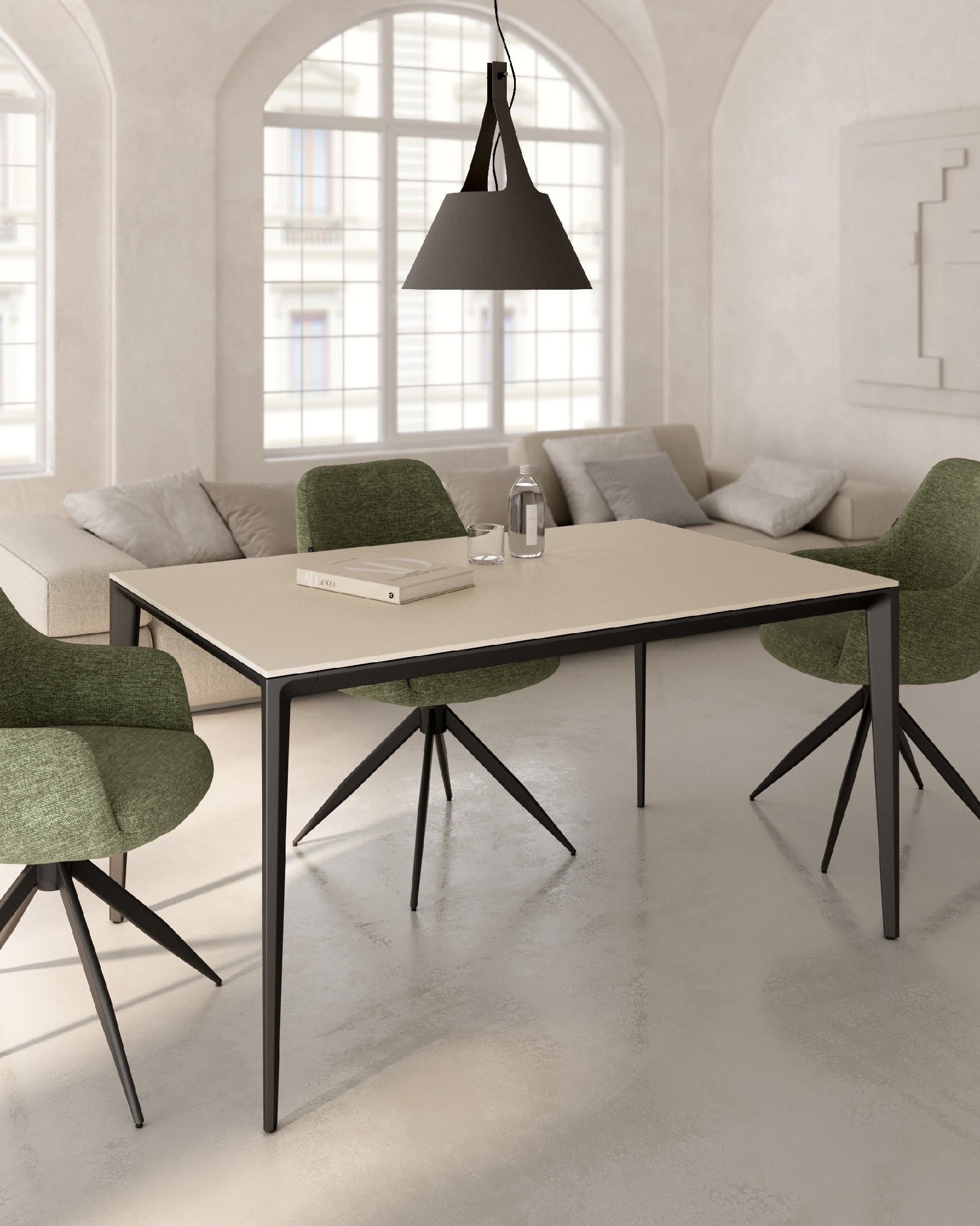 Cortes table with sand porcelain finish and black metal leg 180 x 90 cm