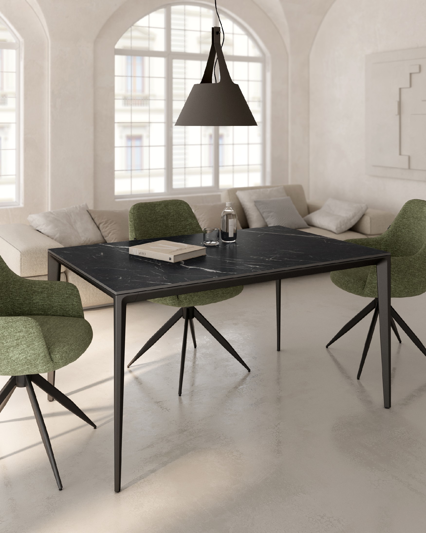 Cortes table with marble porcelain finish and black metal leg 180 x 90 cm