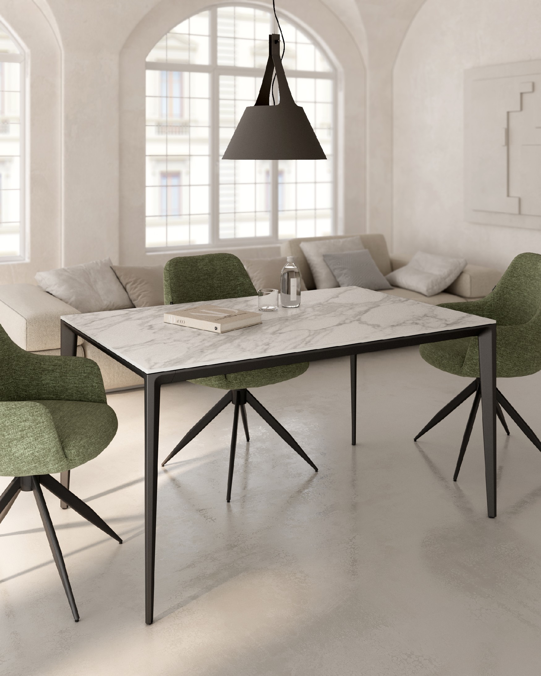Mesa Cortes con acabado porcelánico carrara y pata metálica negra 180 x 90 cm