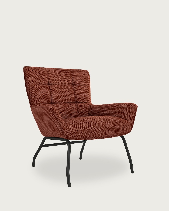 Dalia armchair with terracotta upholstery and black metal legs