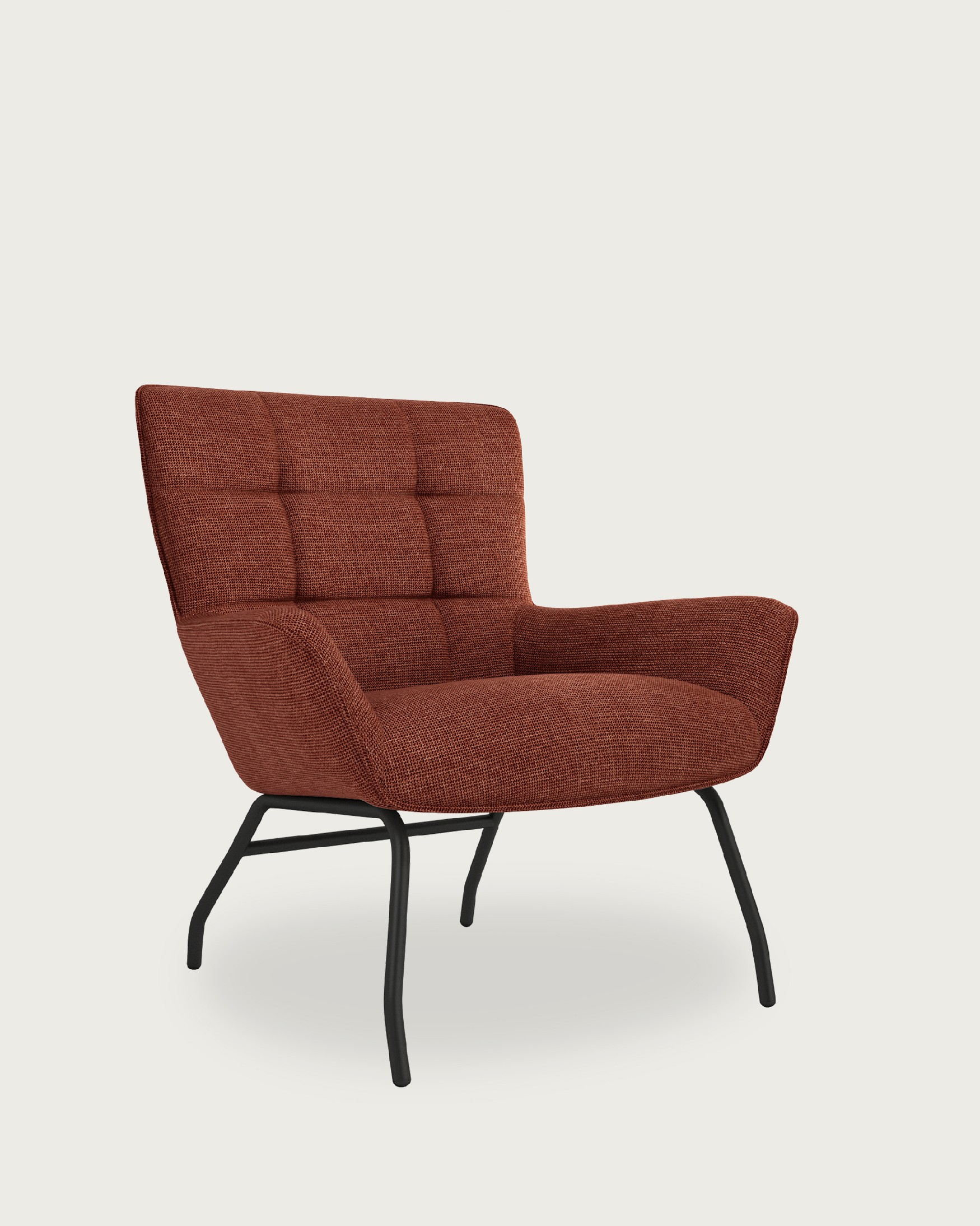 Fauteuil Dalia avec tapisserie terracotta et pieds en métal noir