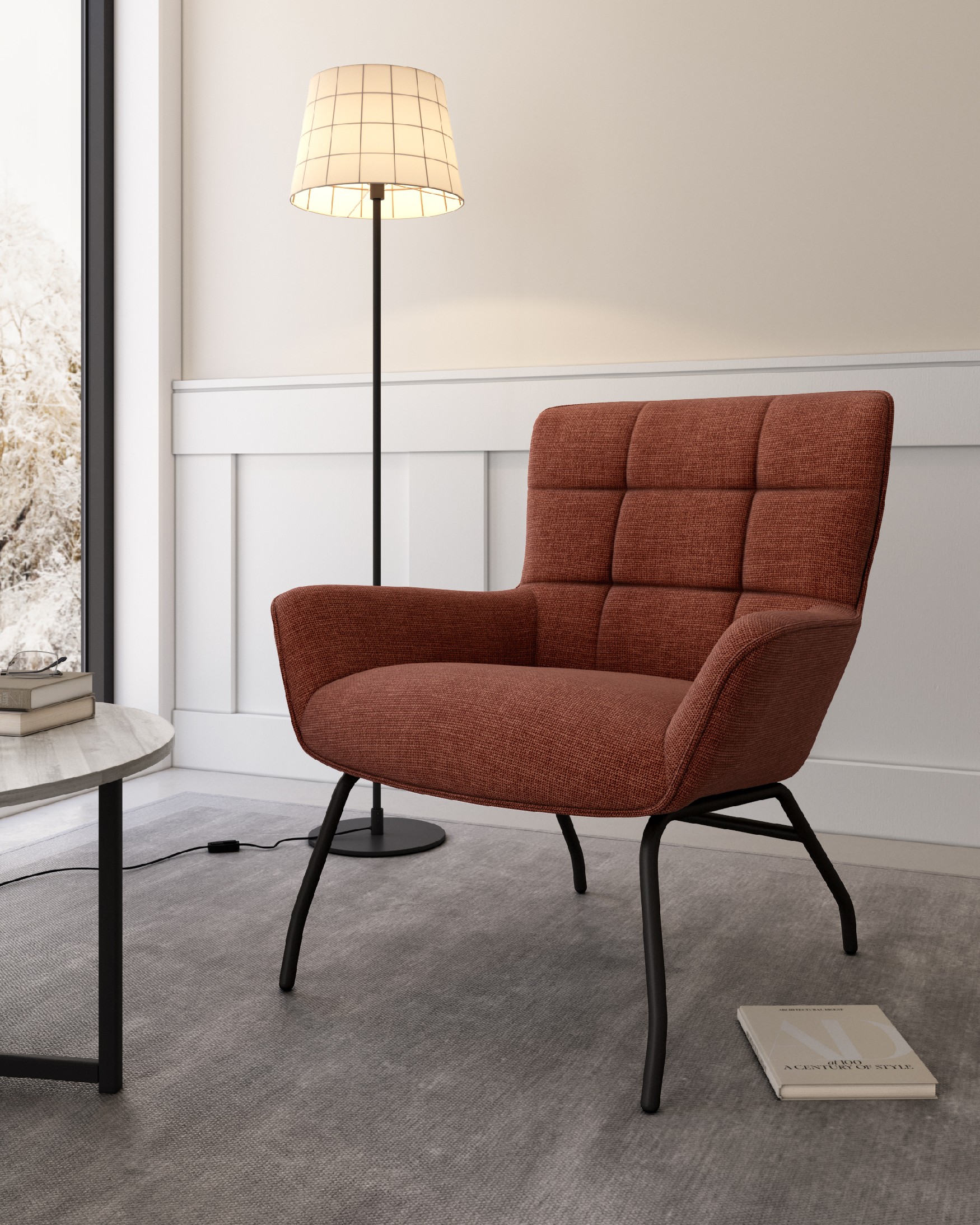 Fauteuil Dalia avec tapisserie terracotta et pieds en métal noir