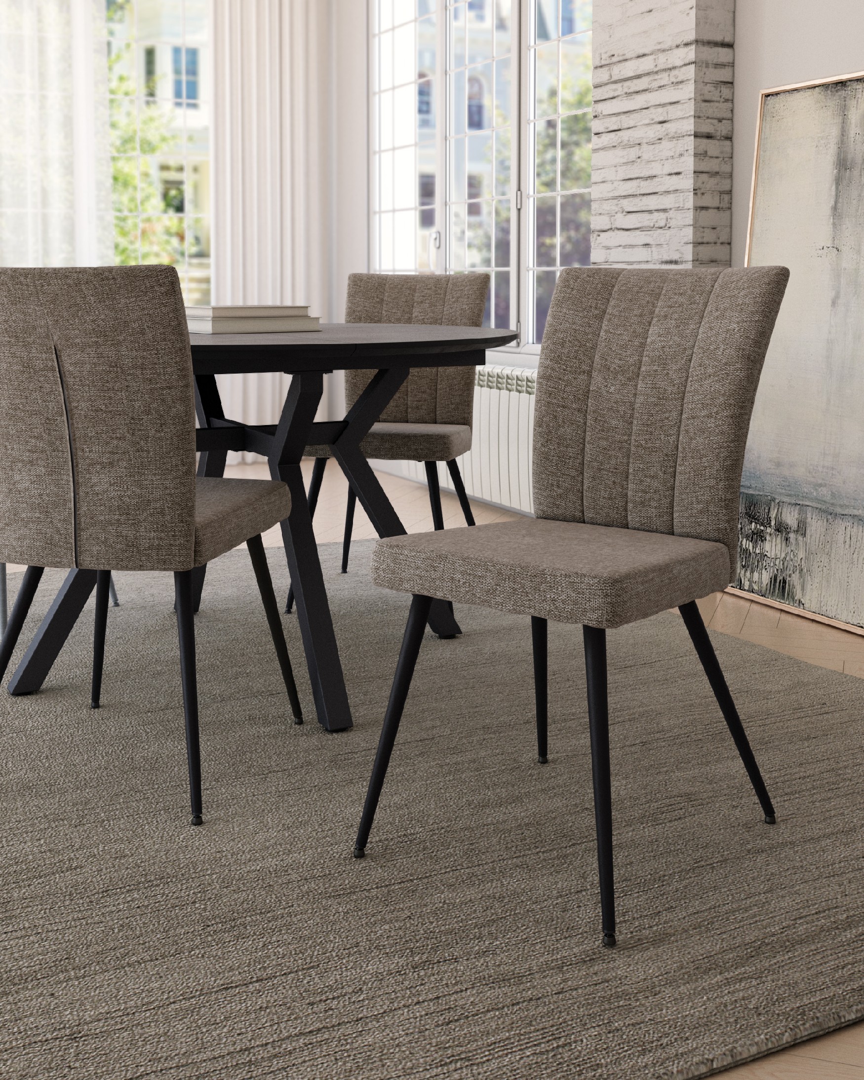 Dallas chair with brown upholstery and black metal legs