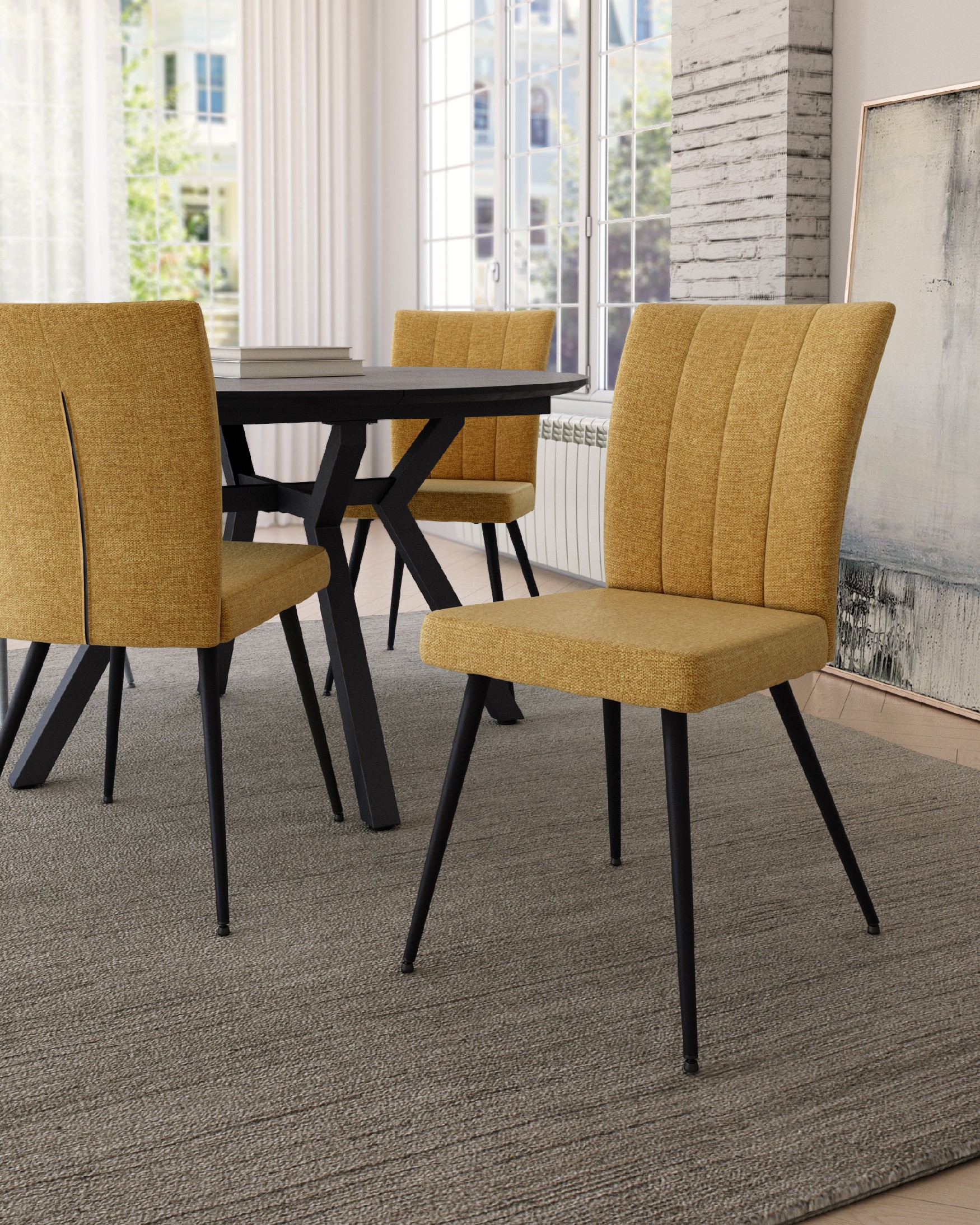 Silla Dallas con tapizado mostaza y patas metálicas negras