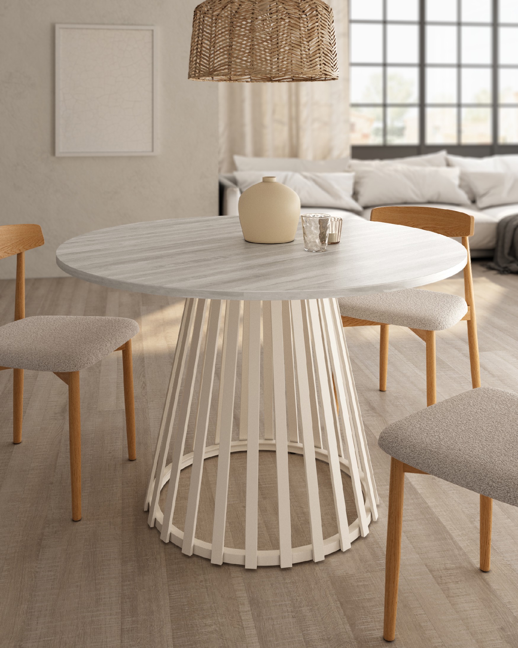 Table ronde Delta avec plateau en mélamine artic et pied métallique ivoire Ø 120 cm