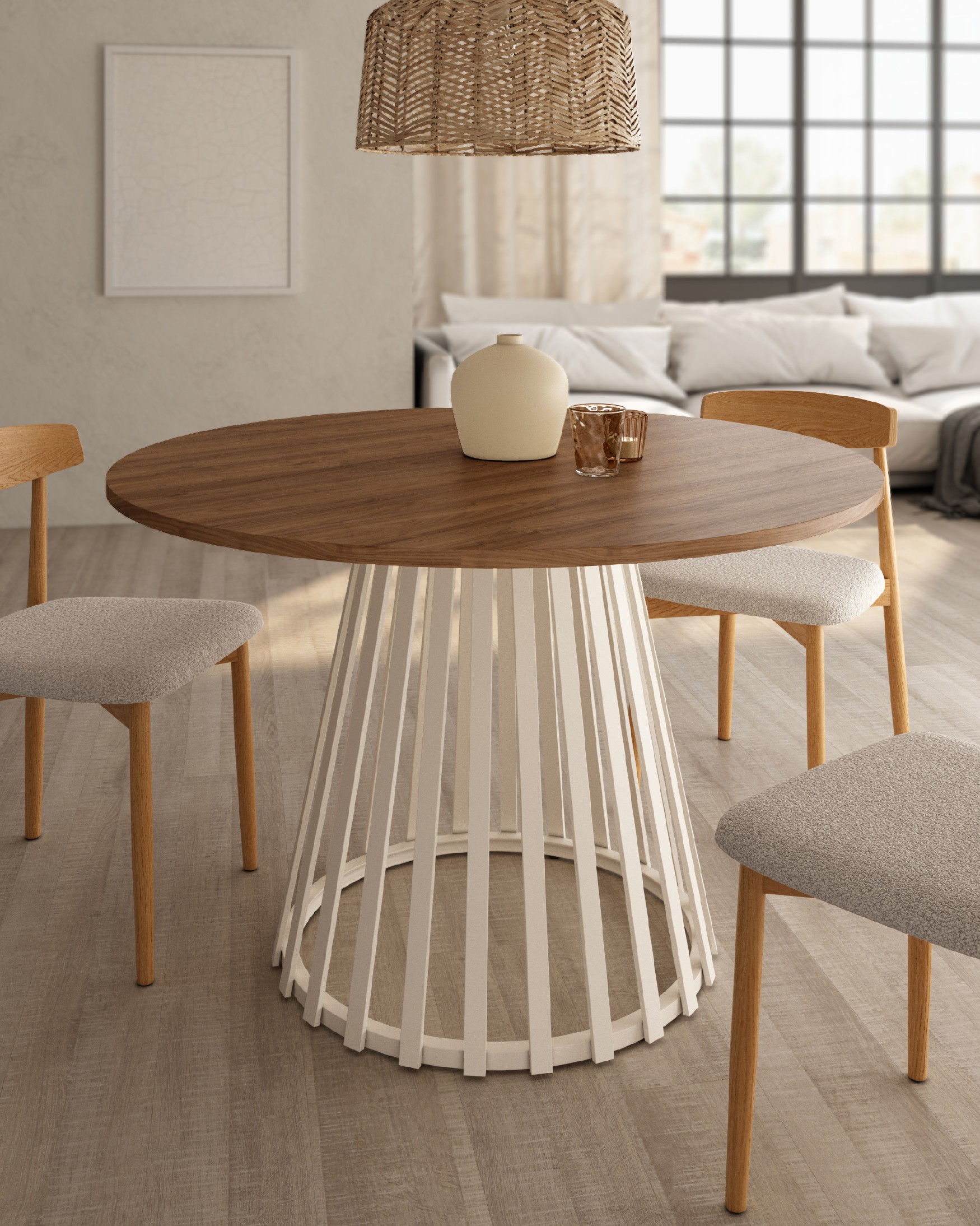 Table ronde Delta avec plateau en mélamine java et pied en métal ivoire Ø 120 cm