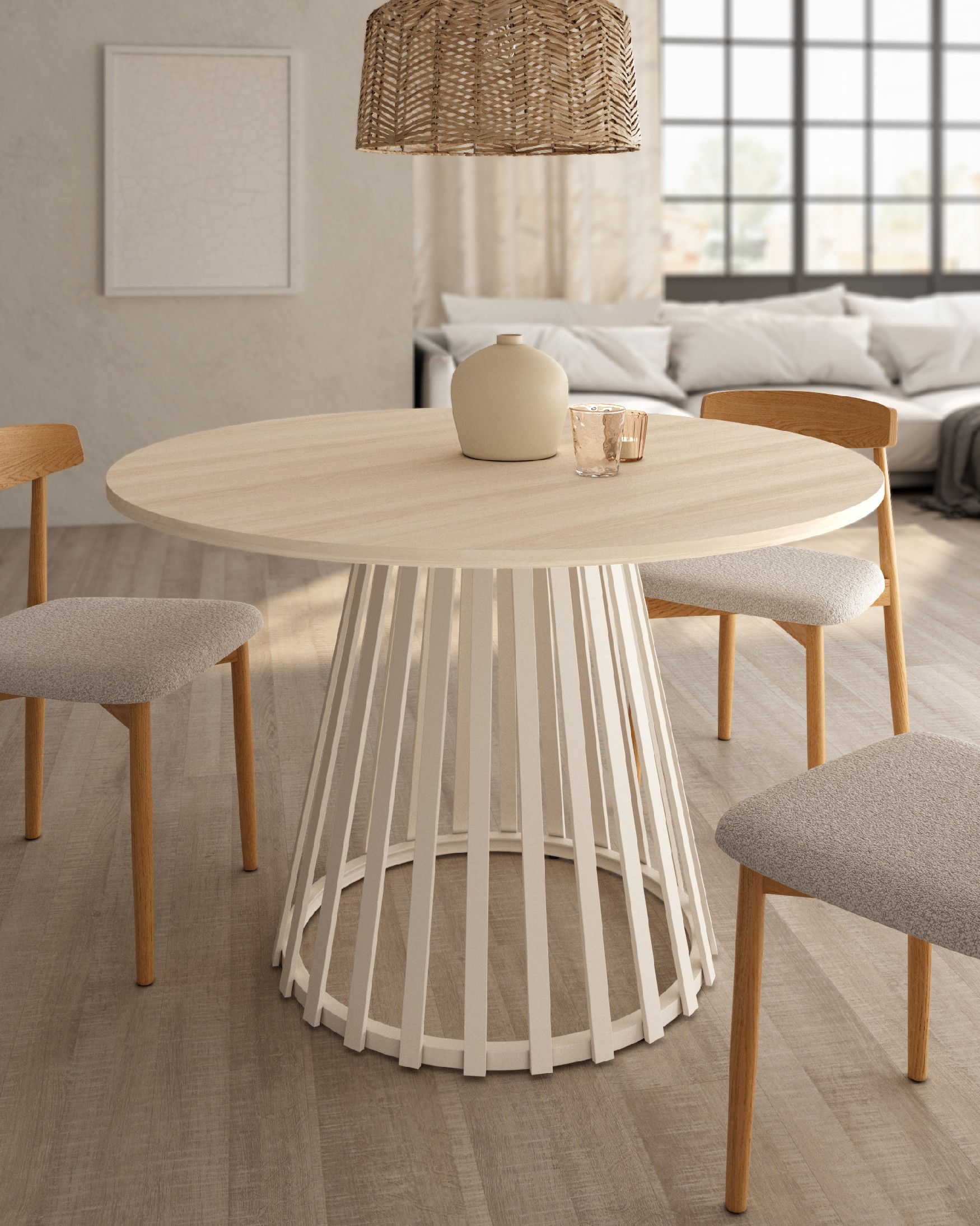 Delta round side table with oak melamine top and ivory metal leg Ø 120 cm