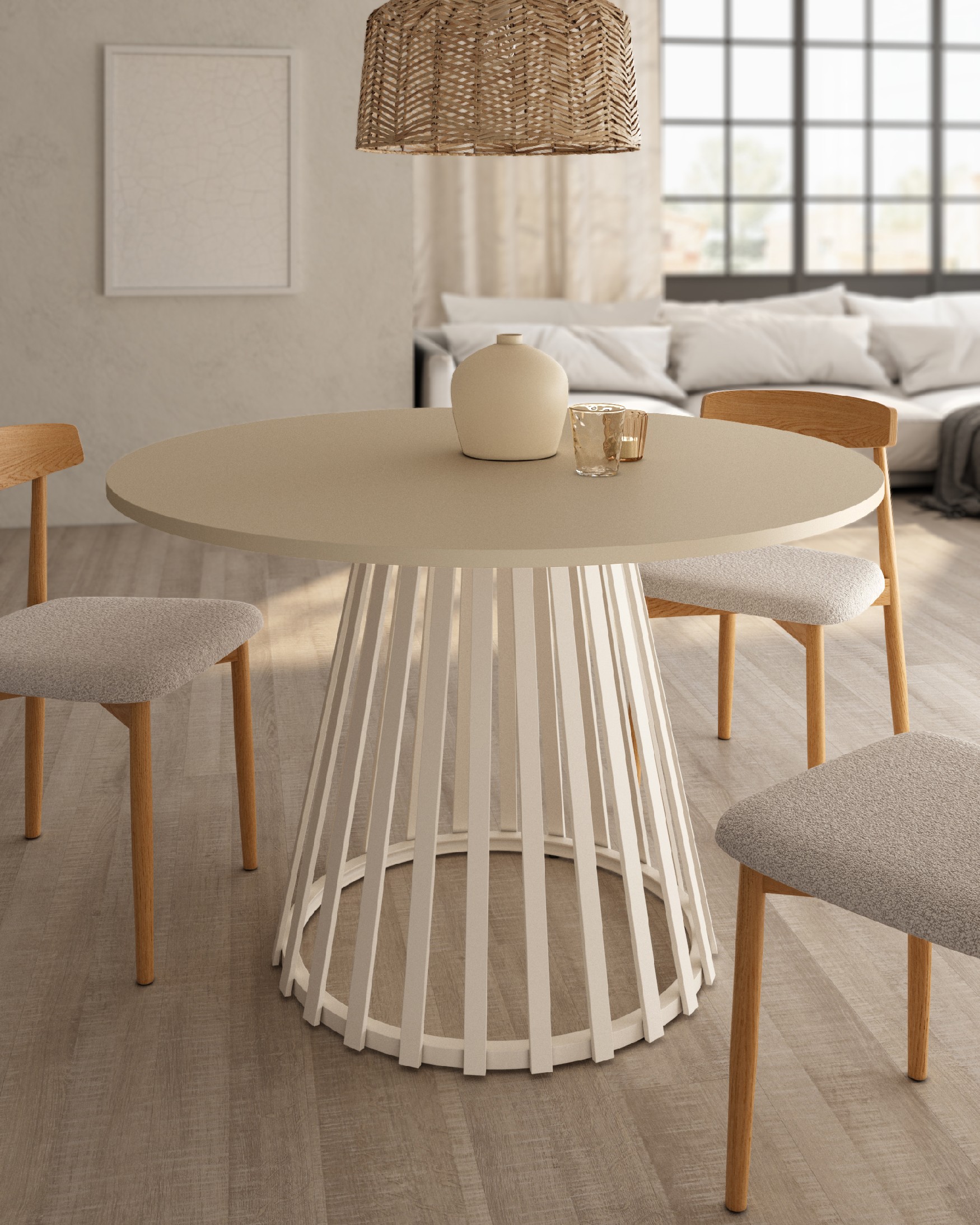 Mesa Delta redonda con sobre de melamina perla y pata metálica marfil Ø 120 cm