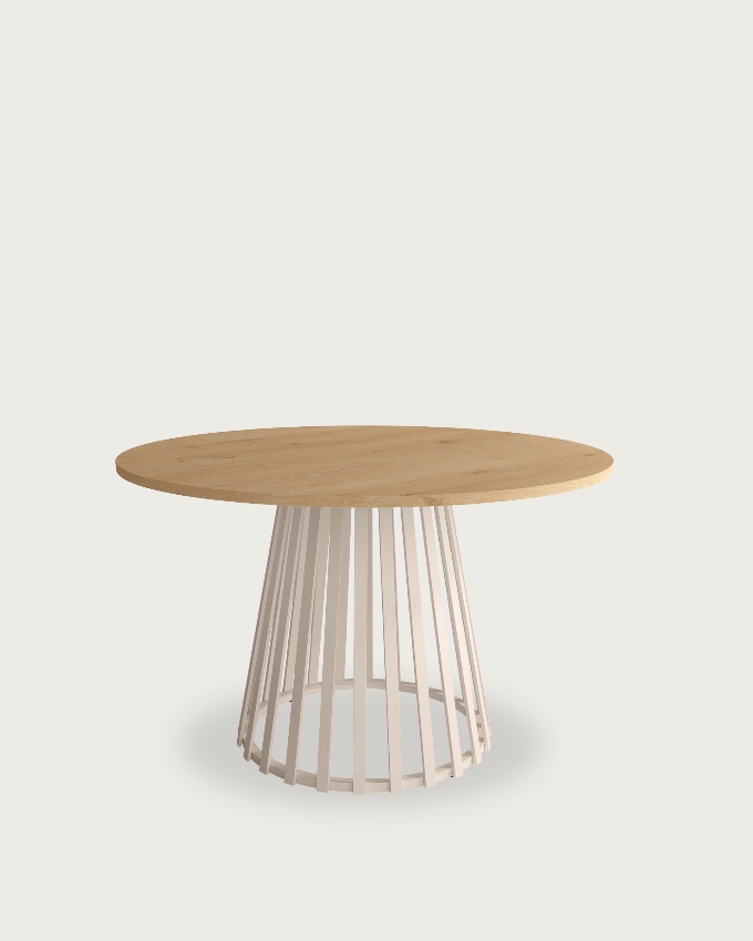 Mesa Delta redonda con sobre de melamina roble y pata metálica marfil Ø 120 cm