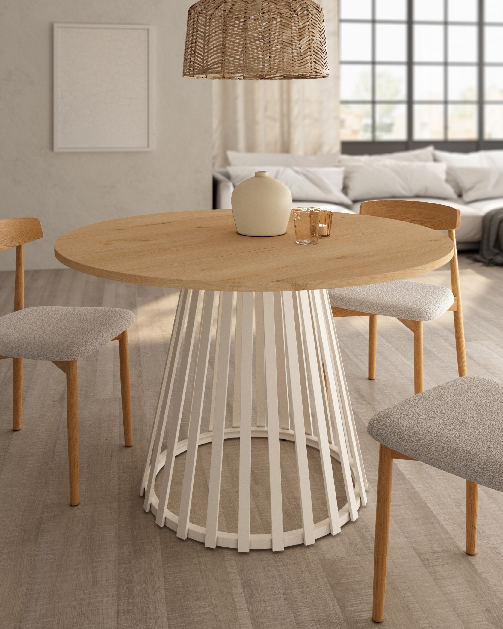 Mesa Delta redonda con sobre de melamina roble y pata metálica marfil Ø 120 cm