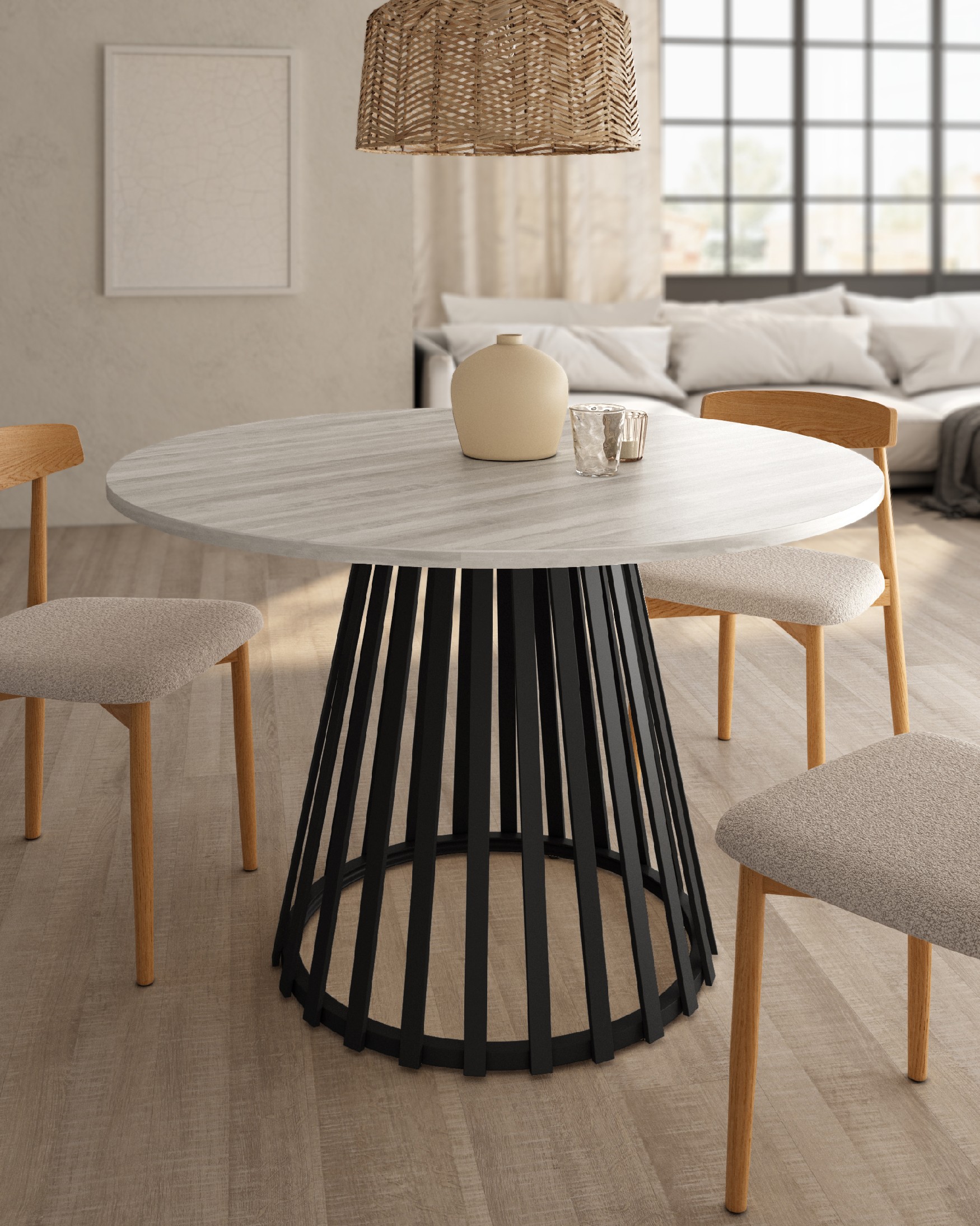 Delta round table with artic melamine top and black metal leg Ø 120 cm