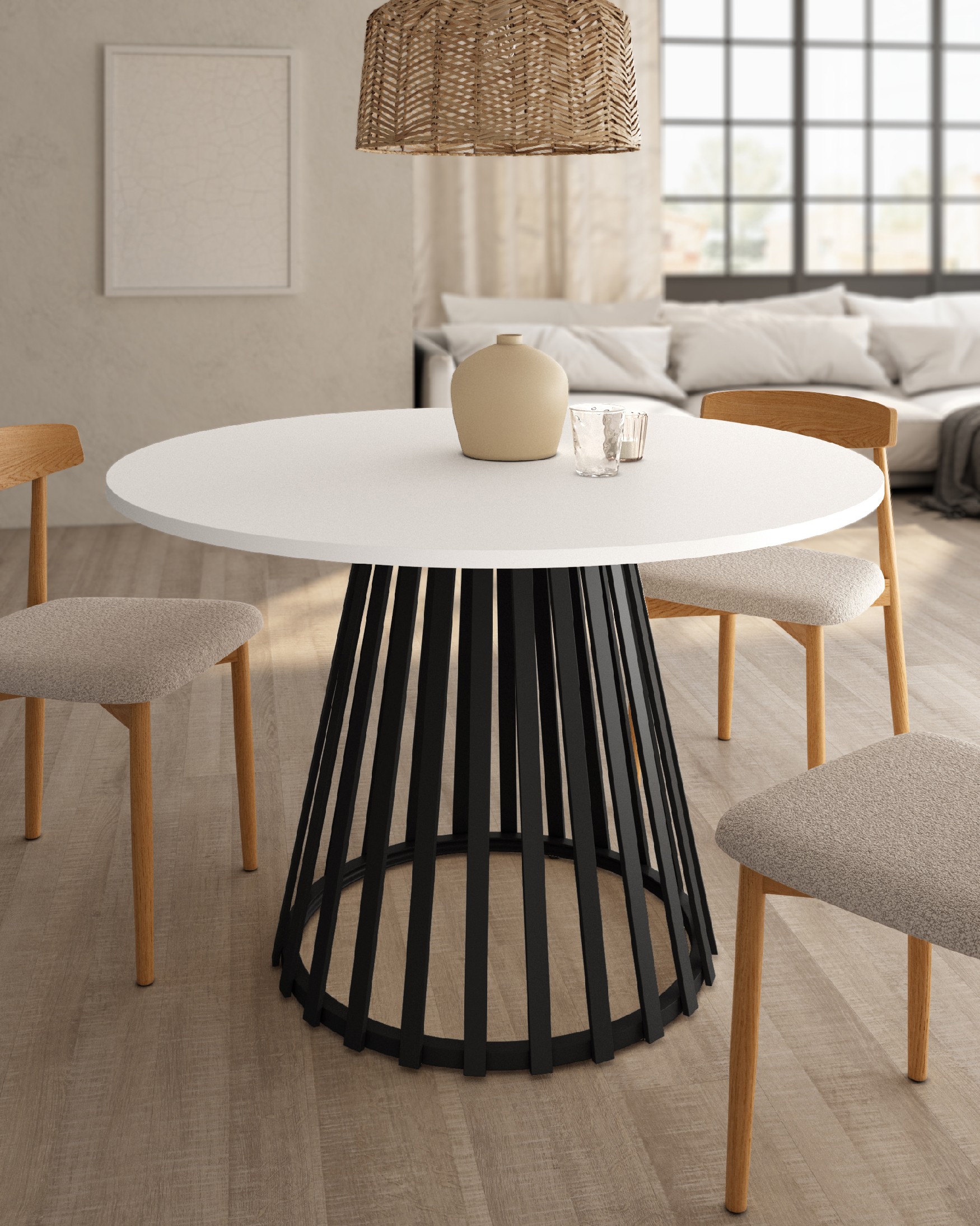 Table d'appoint Delta ronde avec plateau en mélamine blanc extra et pied métallique noir Ø 120 cm