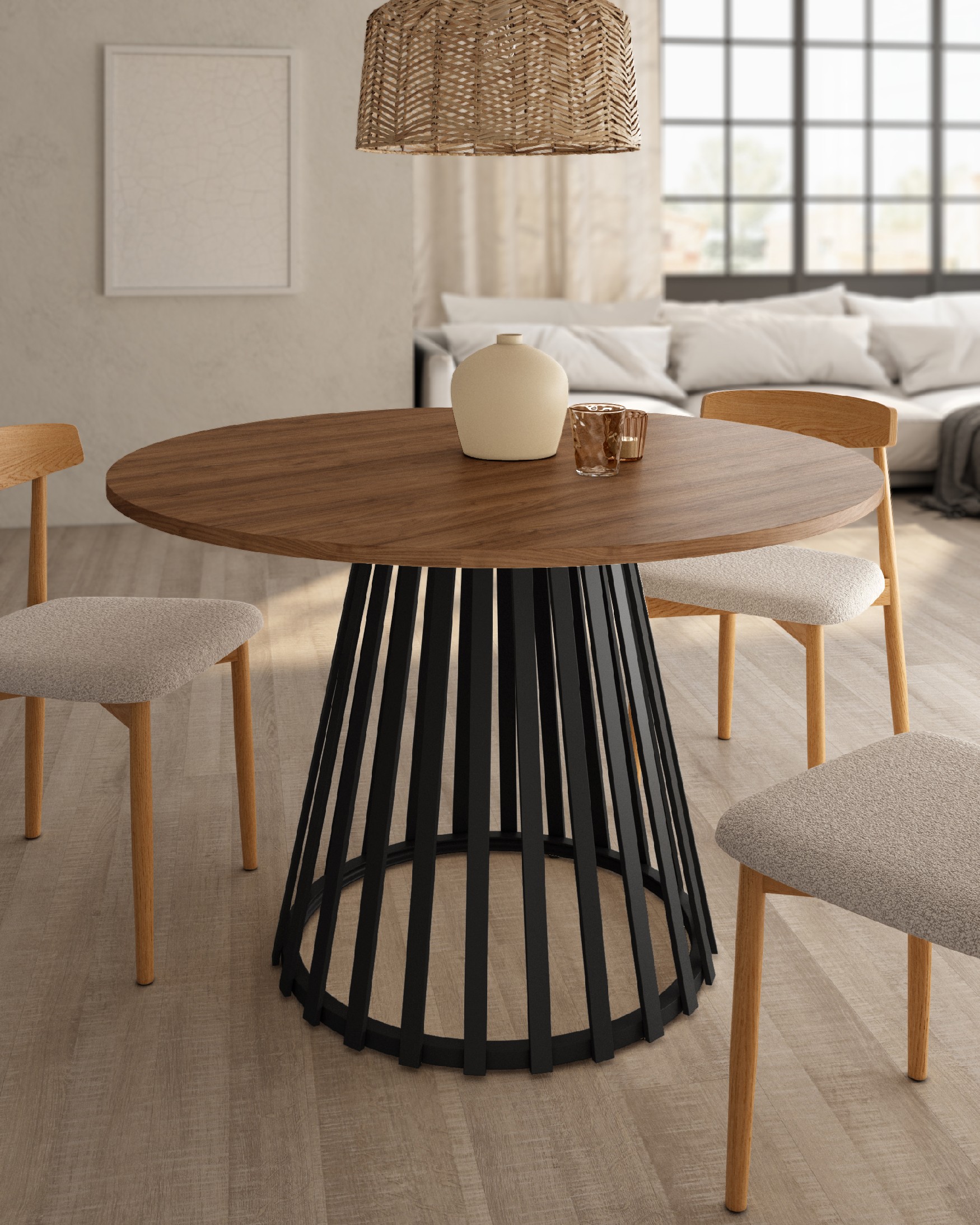 Table Delta ronde avec plateau en mélamine java et pied métallique noir Ø 120 cm