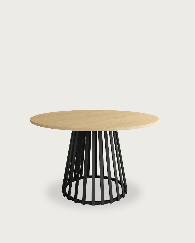 Table d'appoint Delta ronde avec plateau en mélamine chêne naturel et pied métallique noir Ø 120 cm
