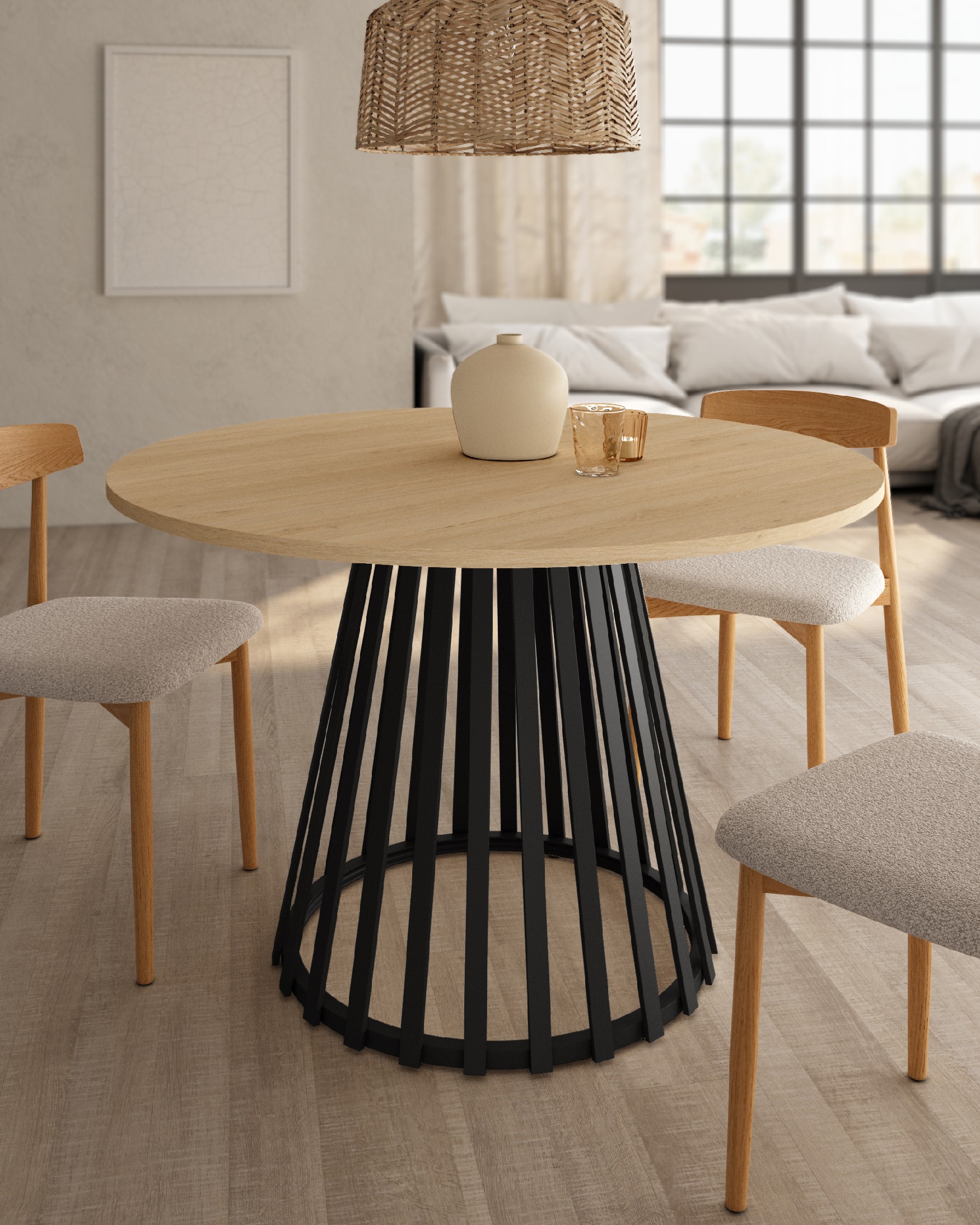 Delta round side table with natural oak melamine top and black metal leg Ø 120 cm