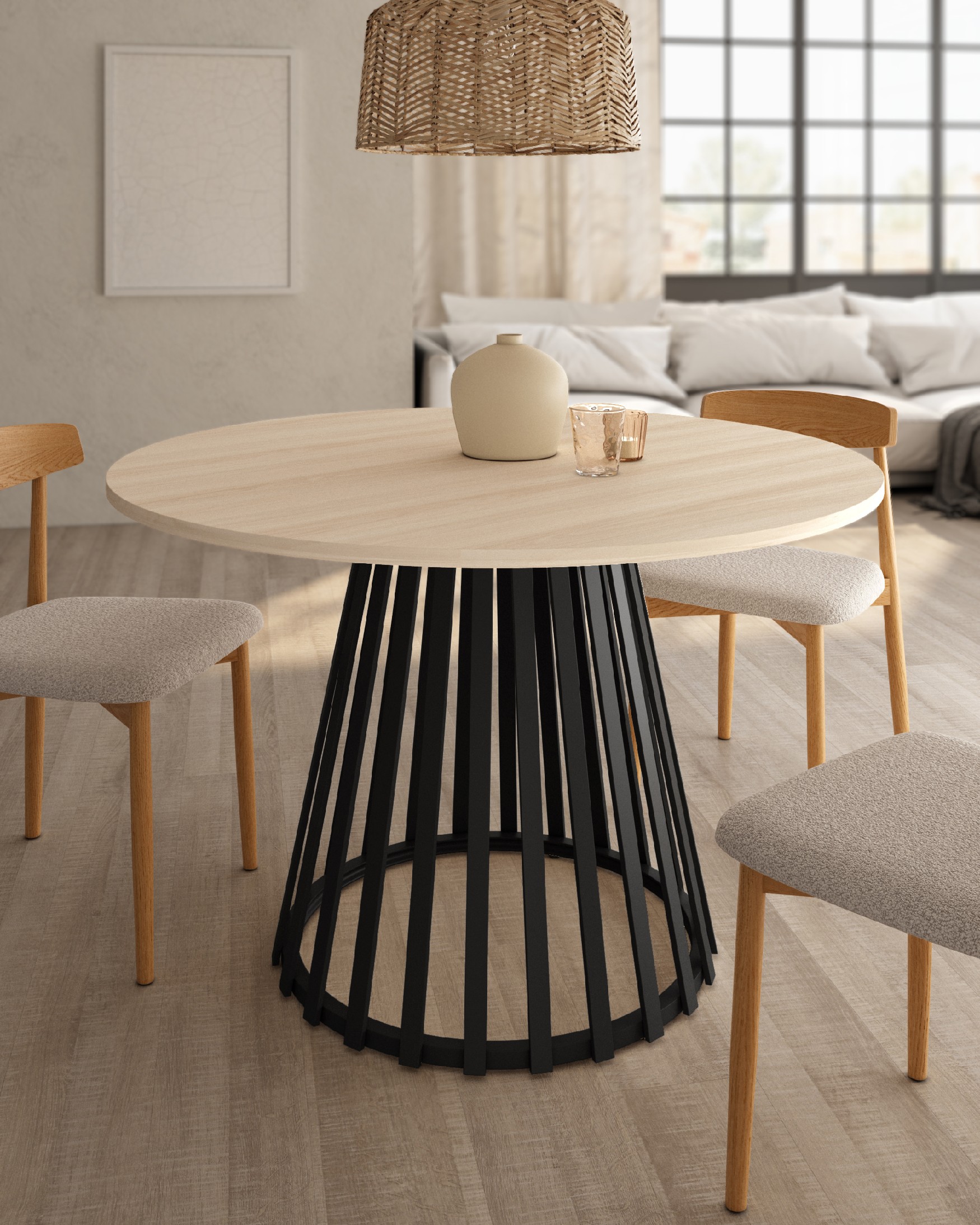 Delta round side table with melamine oak top and black metal leg Ø 120 cm