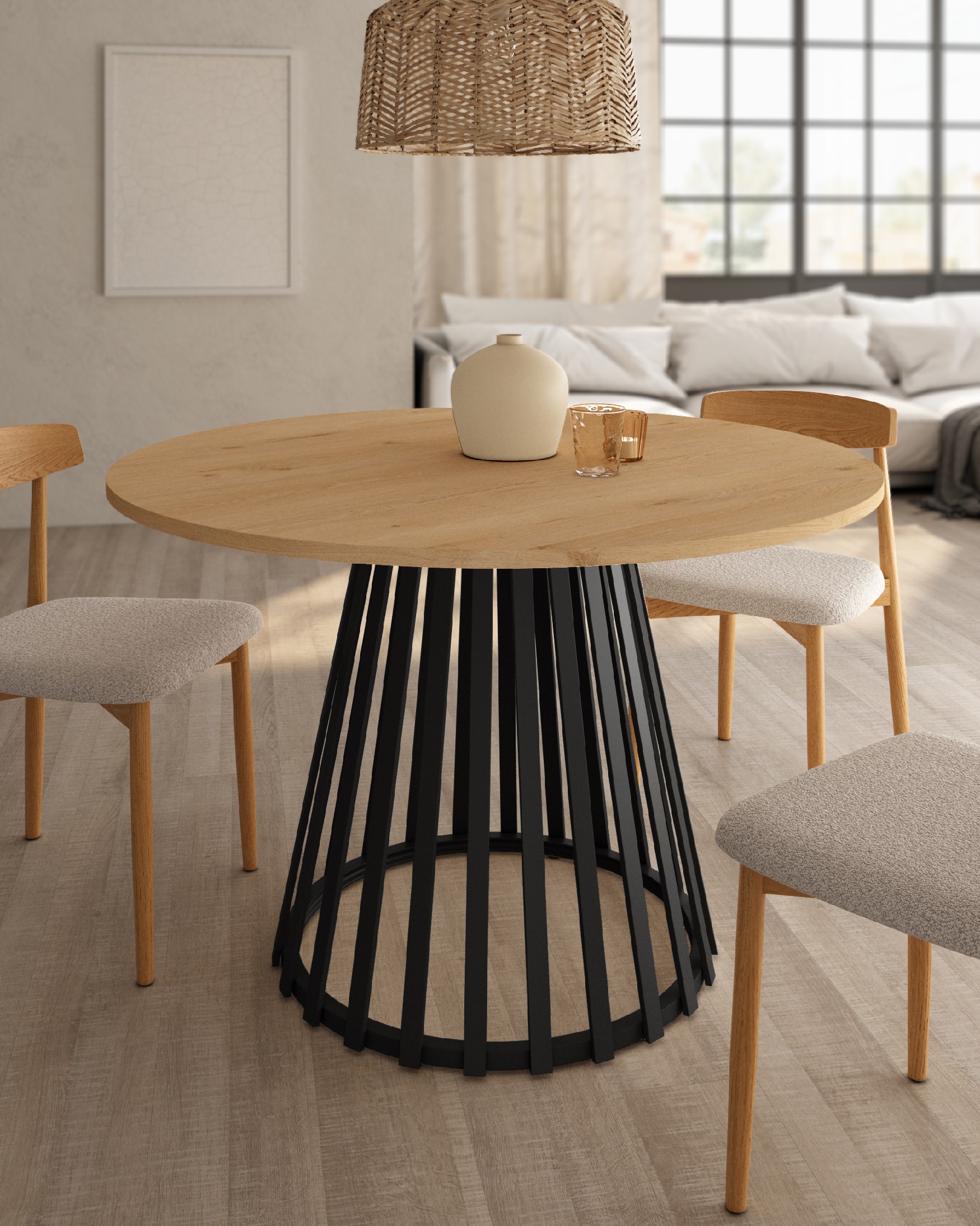 Delta round table with oak melamine top and black metal leg Ø 120 cm