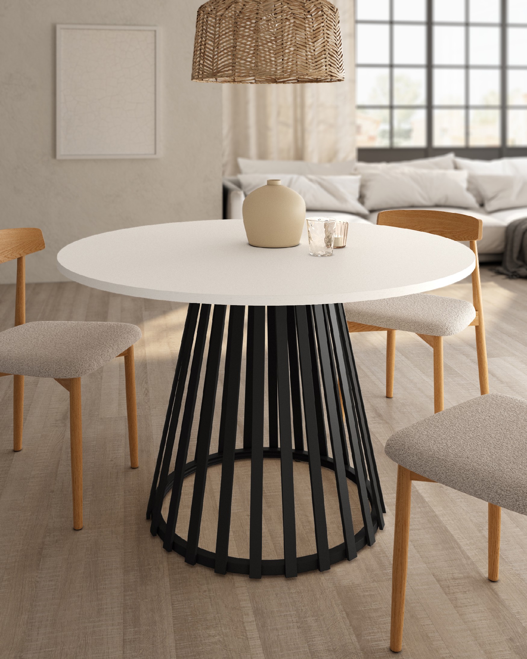 Table Delta ronde avec plateau en mélamine soul blanc et pied métallique noir Ø 120 cm