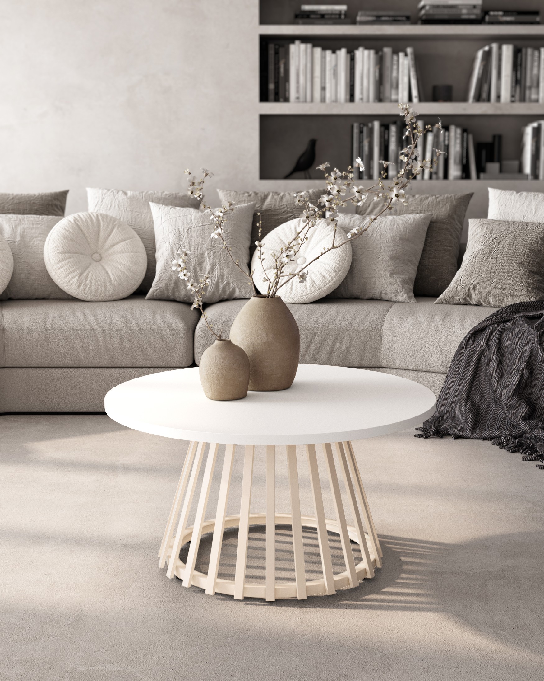 Table d'appoint Delta ronde avec plateau en mélamine blanc extra et pied métallique ivoire Ø 80 cm