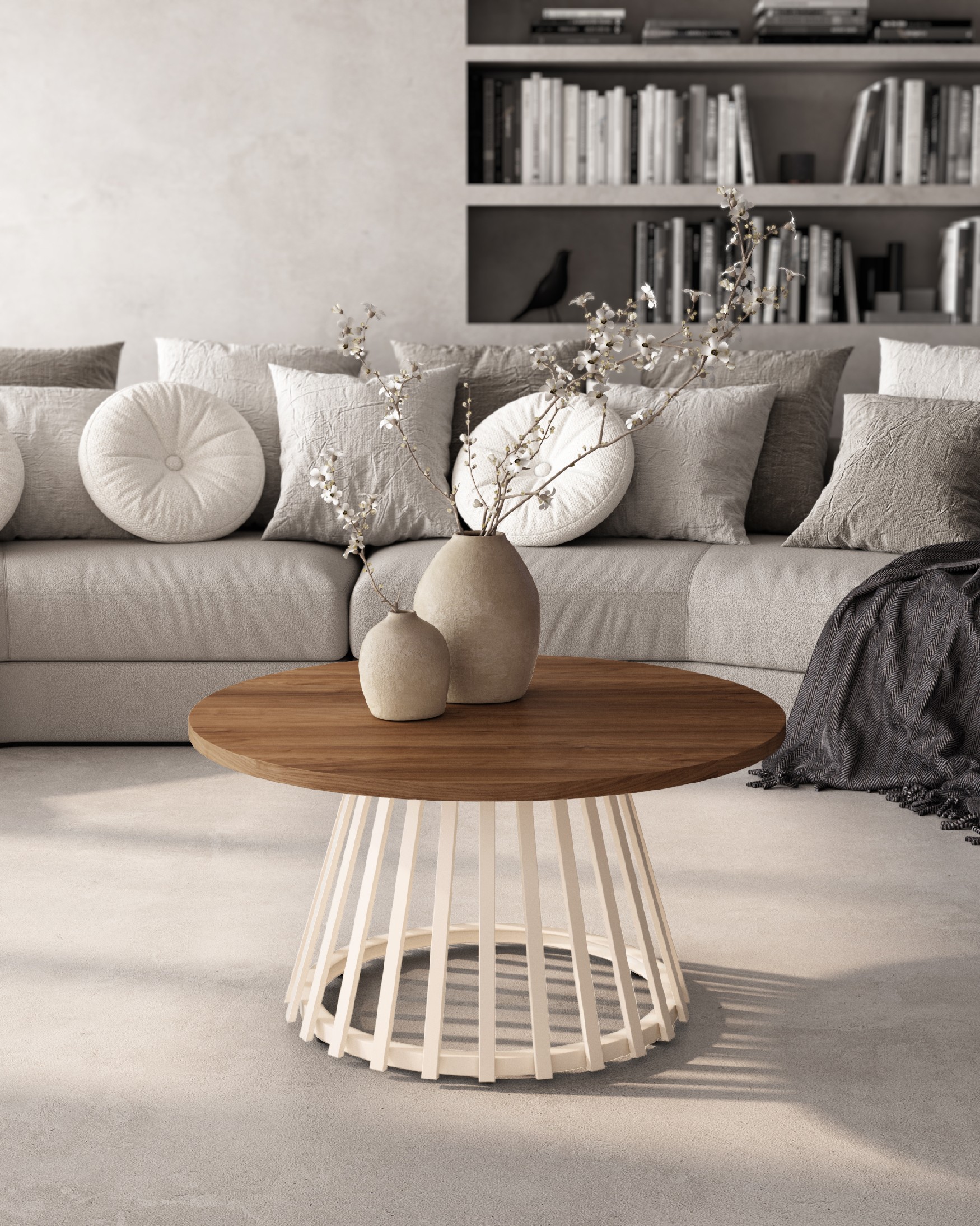 Delta round side table with Java melamine top and ivory metal leg Ø 80 cm