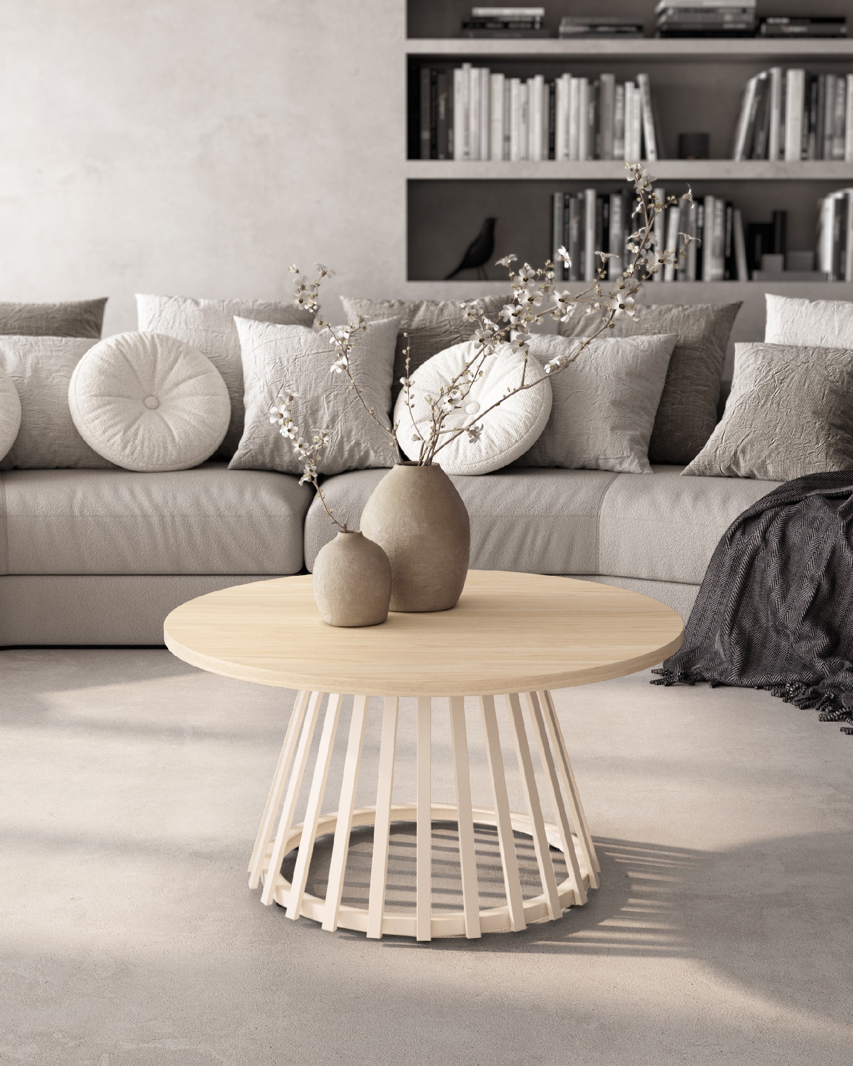 Table d'appoint Delta ronde avec plateau en mélamine alpin et pied métallique ivoire Ø 80 cm