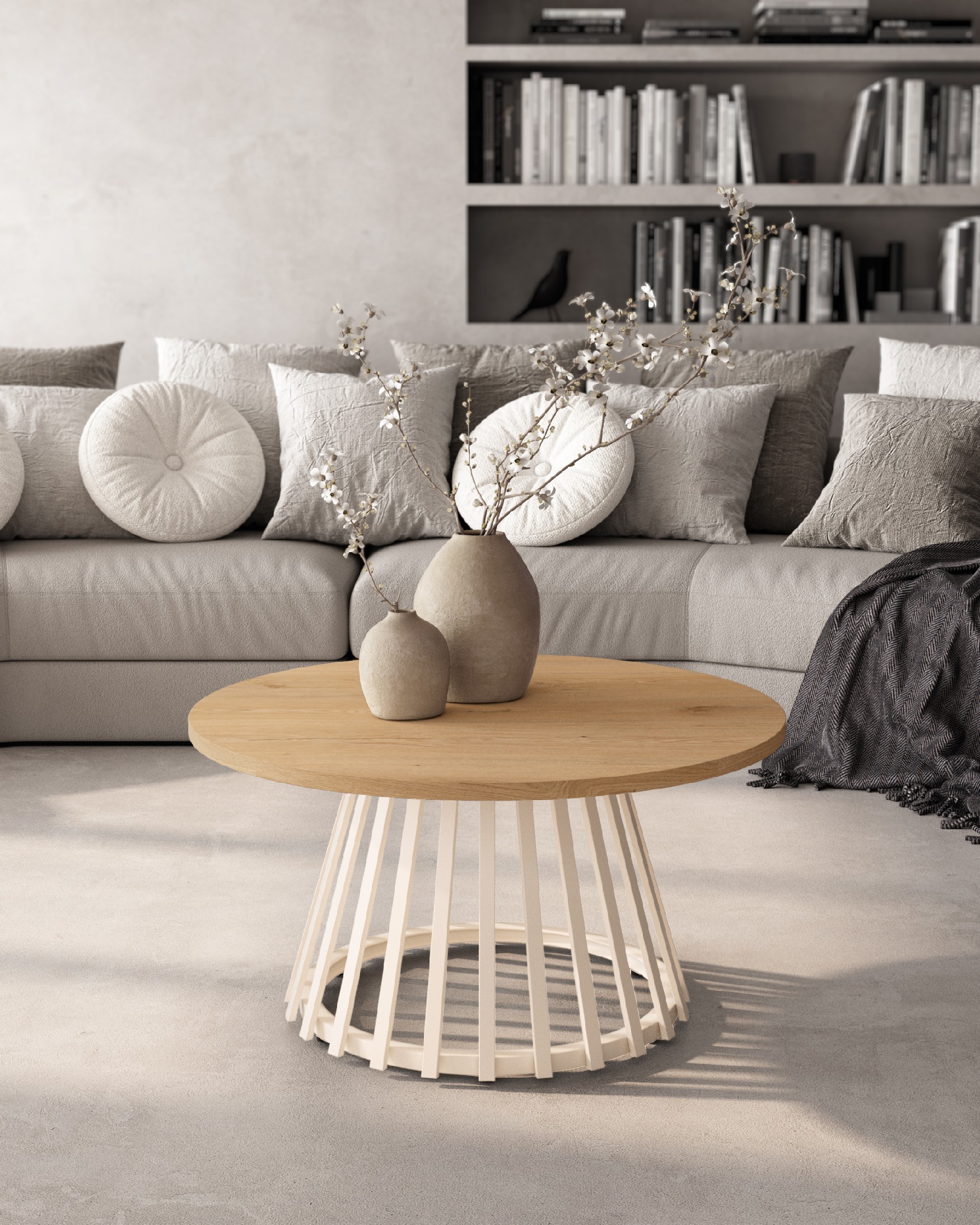 Delta round side table with oak melamine top and ivory metal leg Ø 80 cm
