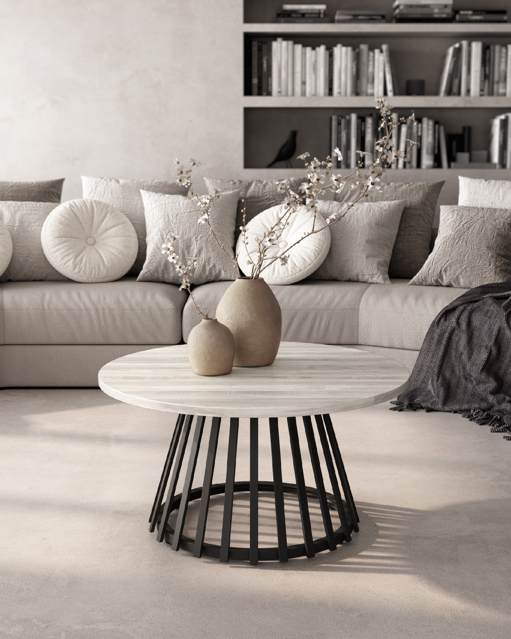 Table d'appoint Delta ronde avec plateau en mélamine artic et pied métallique noir Ø 80 cm