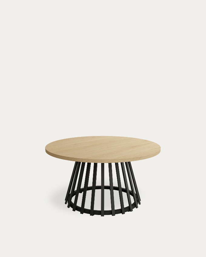 Table d'appoint Delta ronde avec plateau en mélamine chêne naturel et pied métallique noir Ø 80 cm