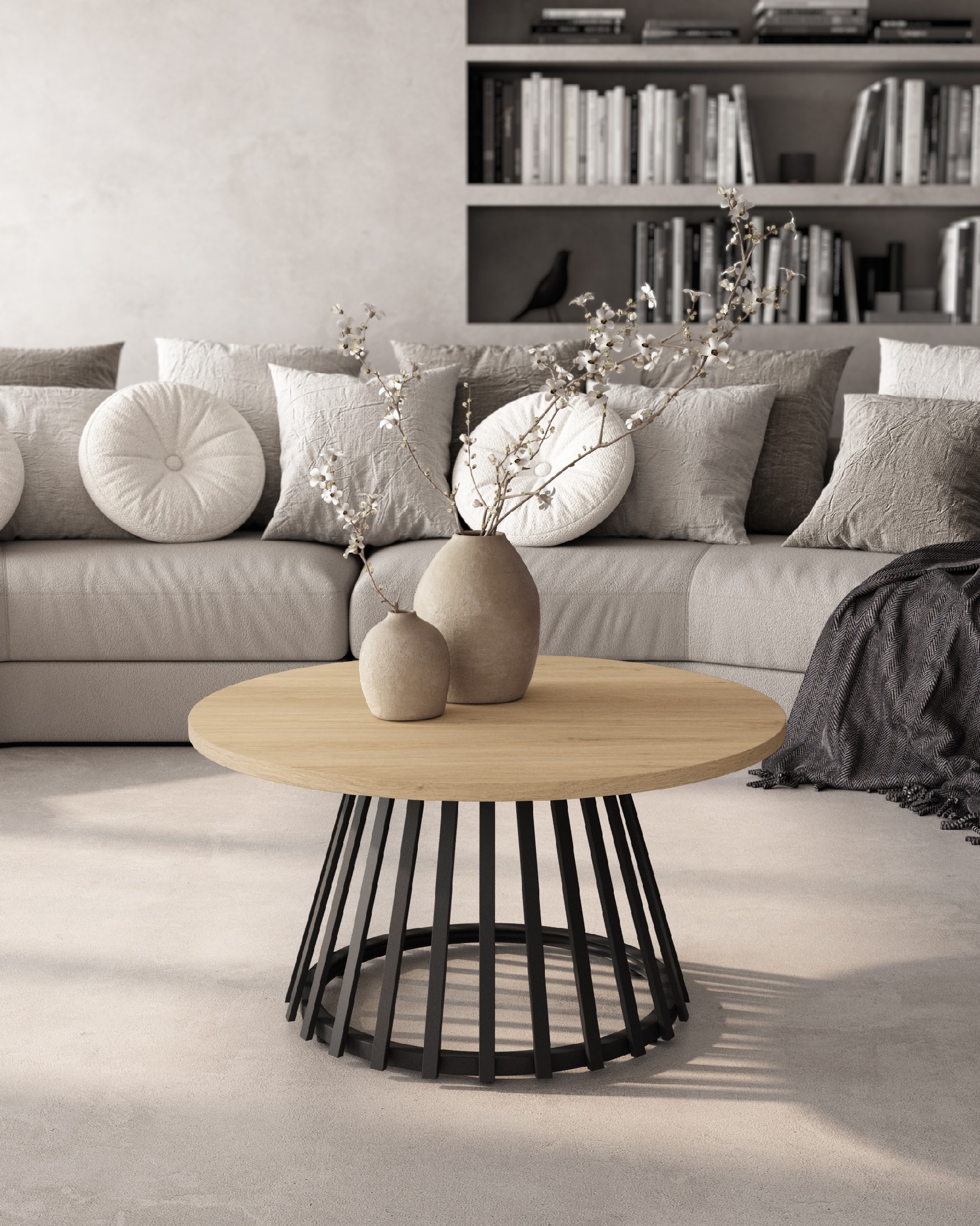 Delta round side table with natural oak melamine top and black metal leg Ø 80 cm