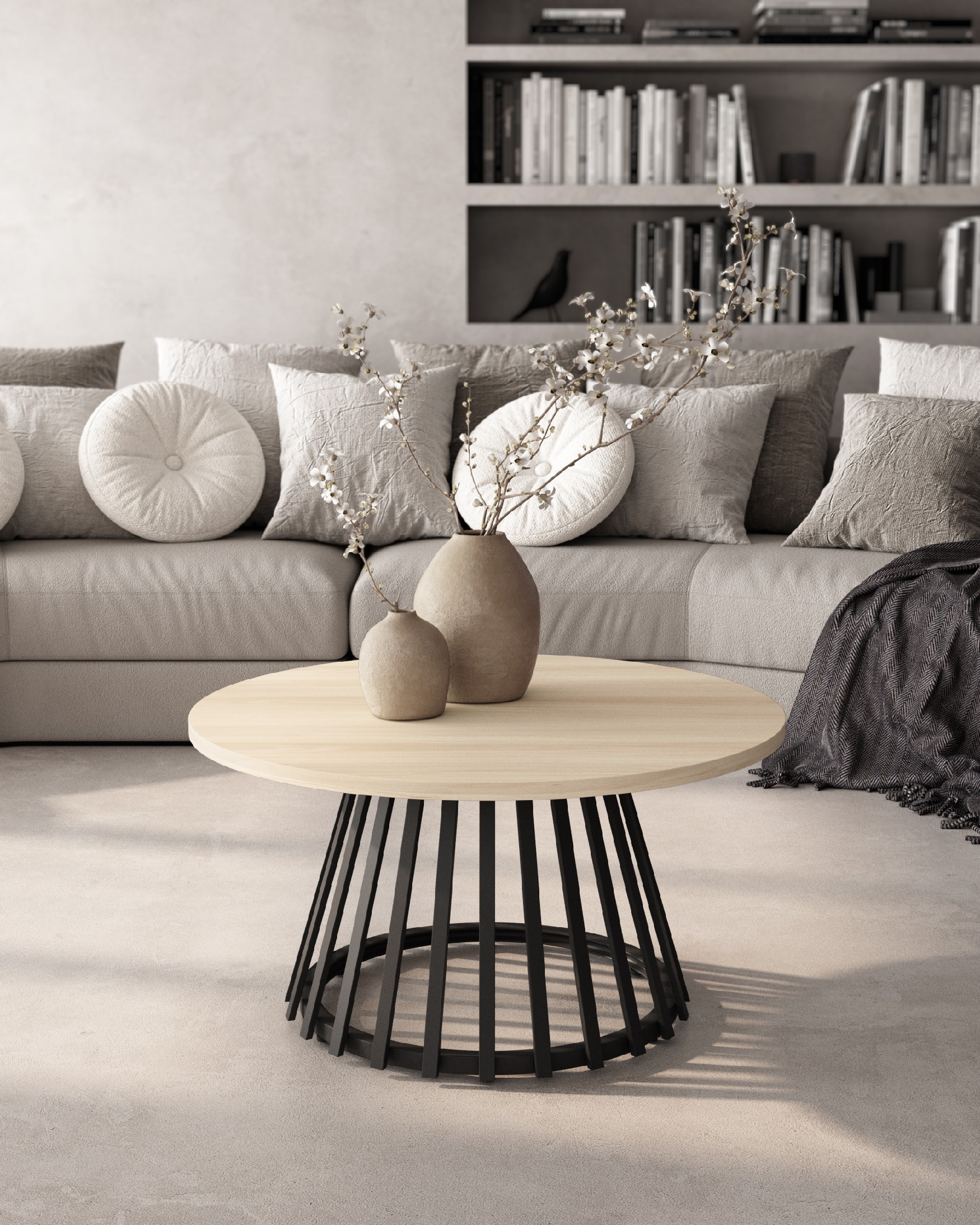 Table d'appoint Delta ronde avec plateau en mélamine chêne et pied métallique noir Ø 80 cm