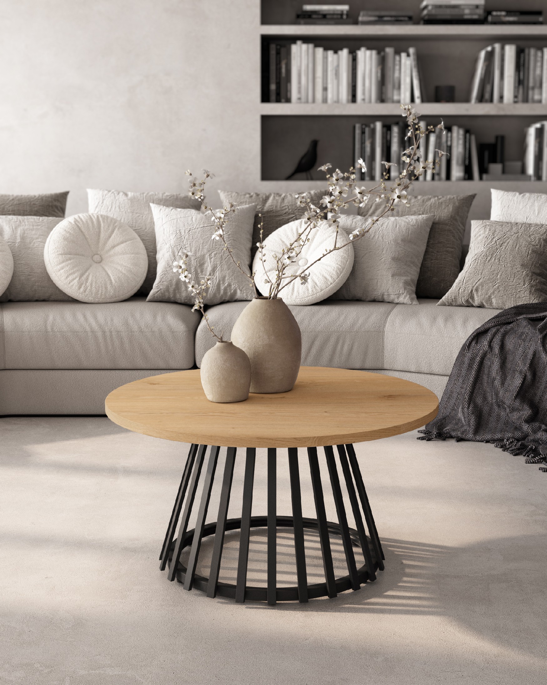 Table d'appoint Delta ronde avec plateau en mélamine chêne et pied métallique noir Ø 80 cm